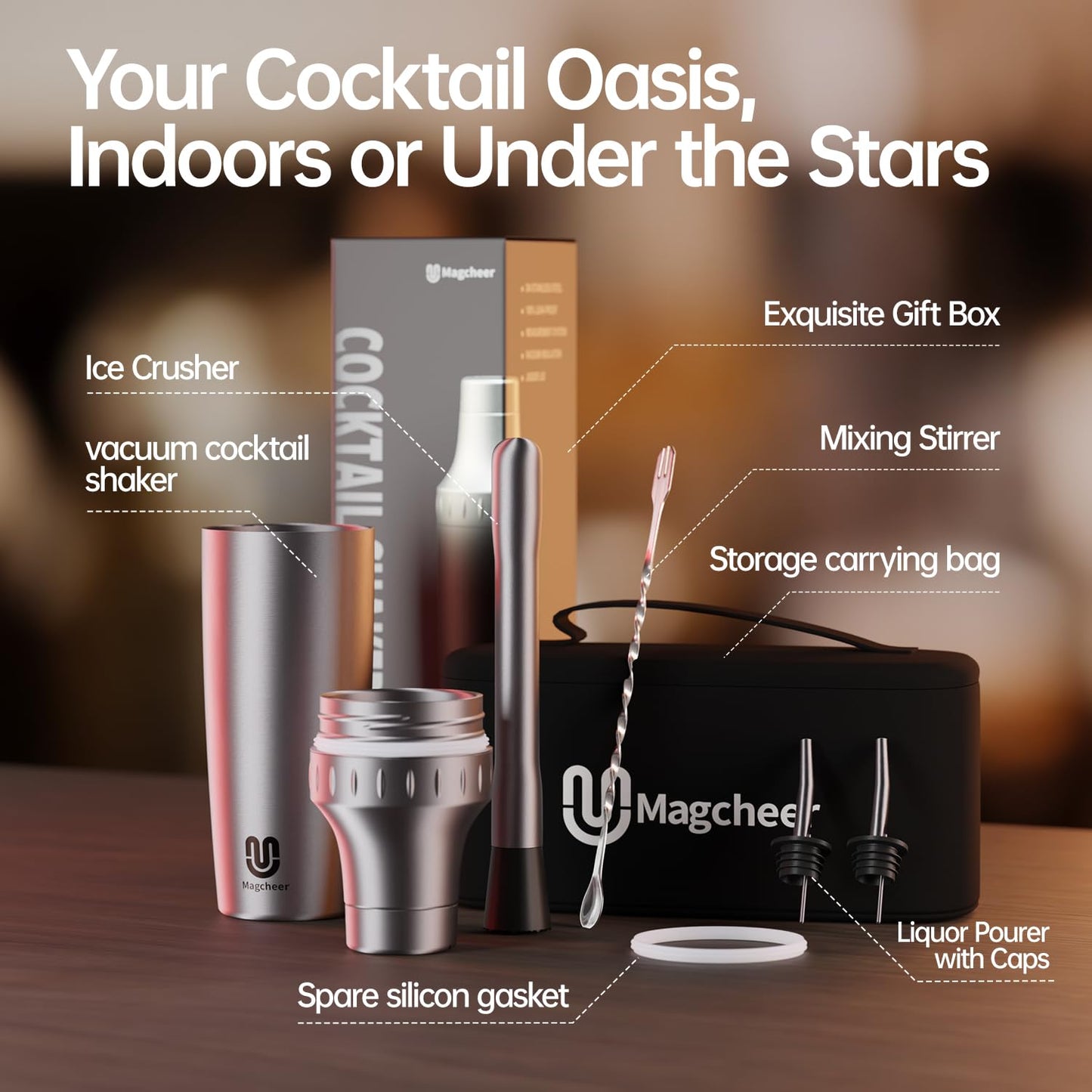 Magcheer Hybrid Cocktail Shaker Set | Vacuum Insulated Stainless Steel Martini Shaker with Strainer & Jigger Lid | Travel Cocktail kit with Bartender Accessory Tools | 30oz | Gunmetal Gray