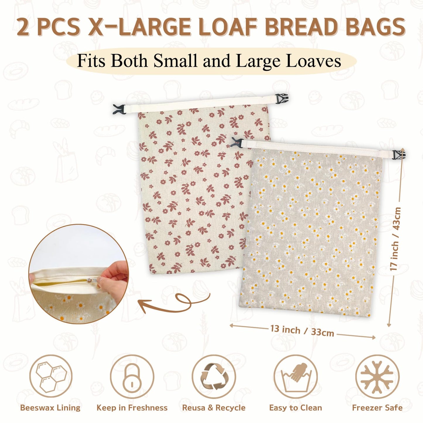 2 Pack Beeswax Bread Bags for Homemade Bread with Zipper, Large 13x17'' Reusable Beeswax Sourdough Bread Storage Bag, Keep Loaves Fresh Longer, Freezer Safe & Airtight, Natural, Zero Waste