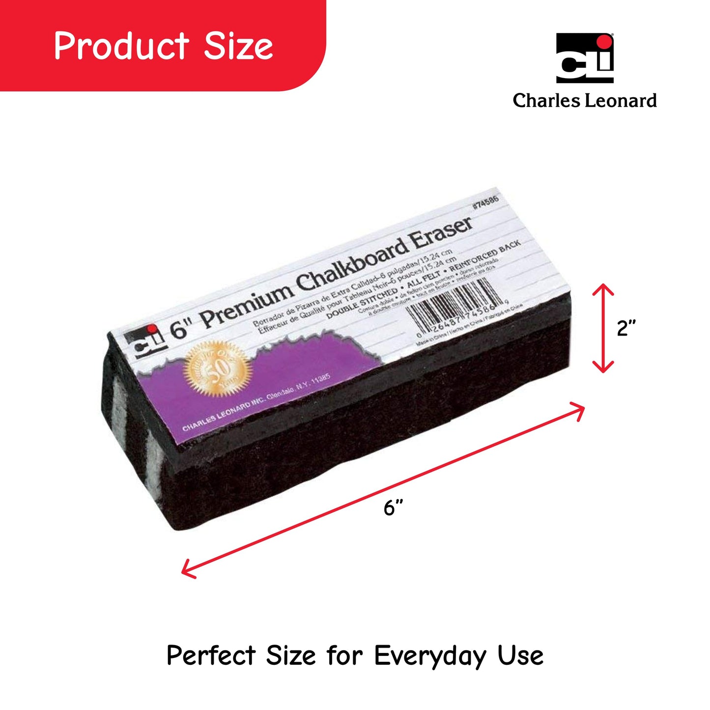 Charles Leonard Premium Felt Chalkboard Eraser, 6 x 2 x 1.25 Inches, Black/White, 12-Pack (74586)