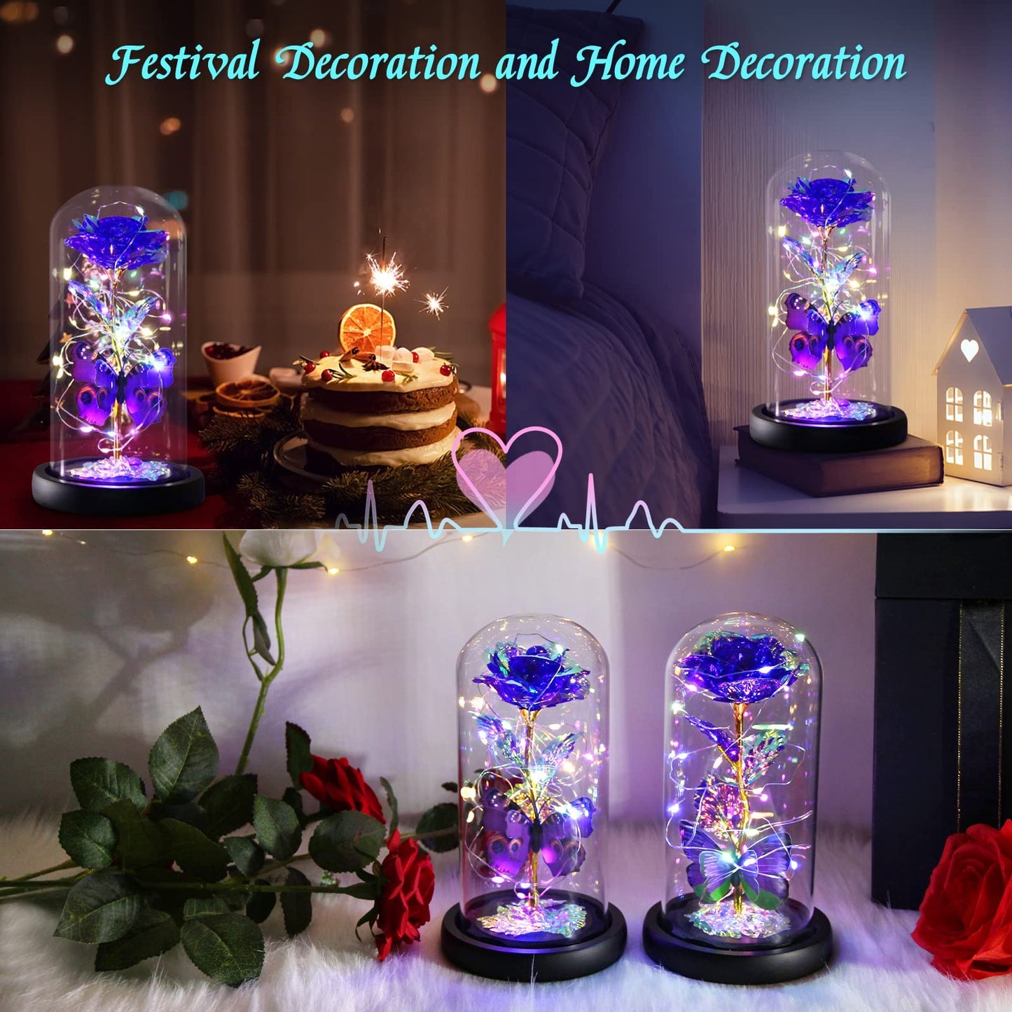 Greenke Mothers Day Rose Gifts for Mom, Galaxy Purple Butterfly Rose in Glass Dome, Light Up Forever Roses Birthday Gifts for Women Mom Grandma, Eternal Rose Gift for Her Anniversary, Mother Gift