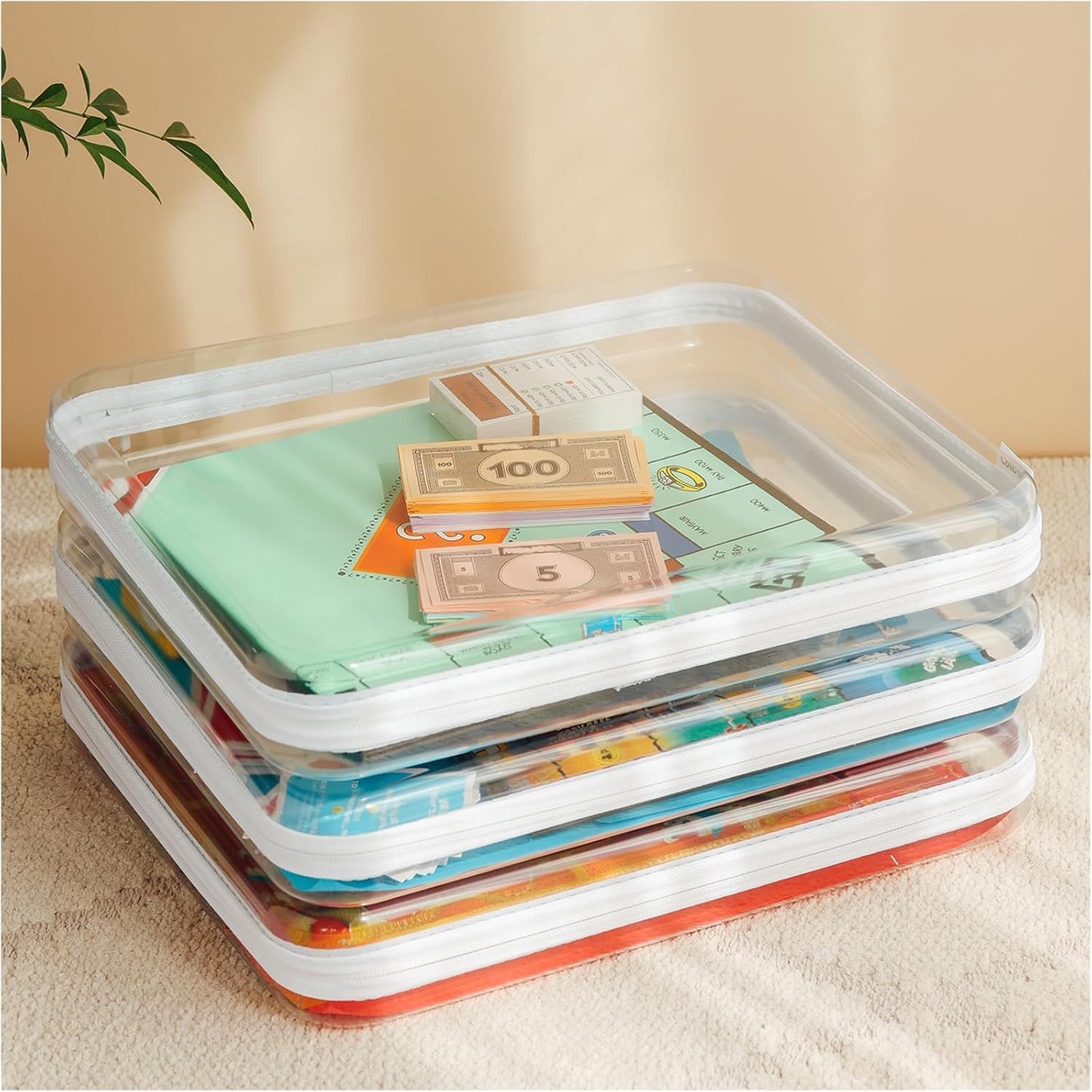 CoiiJoii Board Game Storage,Extra Large Clear Hard Shell Case with Zipper, 3 Packs Board Game Organizer and Storage for Games Puzzle Magazine A4 Paper Craft Hobby Art Supplies