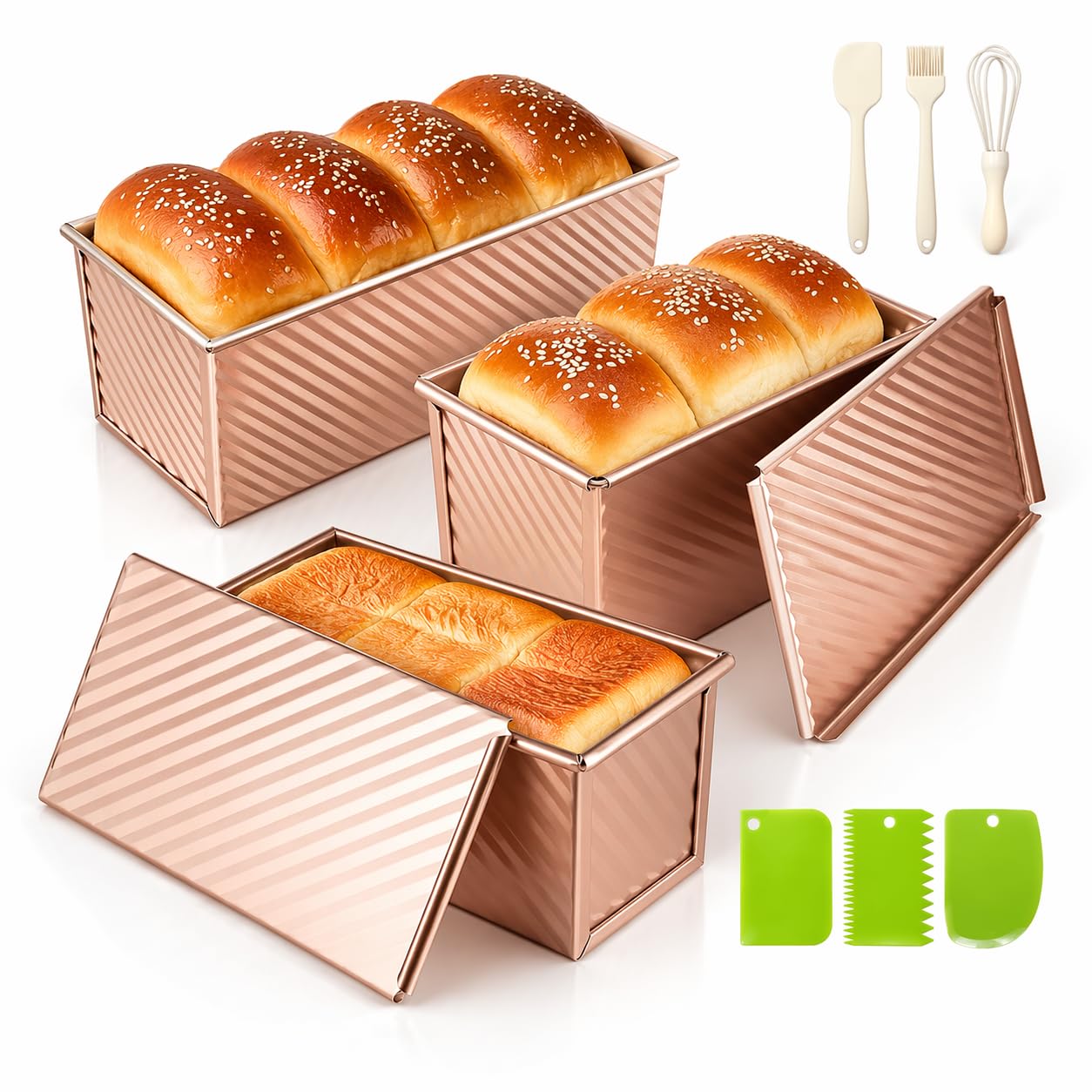 YIWSKJ 3-Pack Bread Pan with Lids, 2.2LB & 1LB & 1LB Dough Capacity, Non-Stick Carbon Steel Pullman Loaf Pan for Baking, Professional Toast Box Mold with Baking Tools - Gold