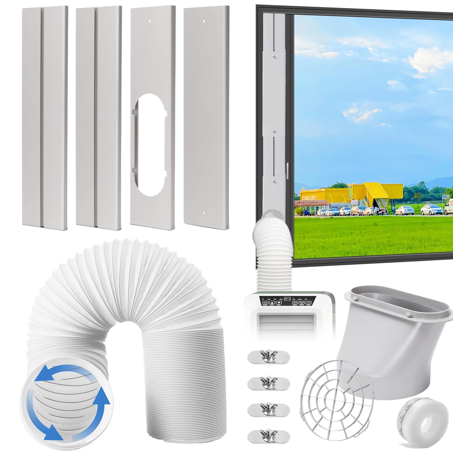 Portable AC Window Vent Kit, Adjustable Vertical/Horizontal Sliding Window Kit Plate for AC Unit, Seamless Portable AC Window Seal With 5.9 Inch Diameter, 59 Inch Length Exhaust Hose