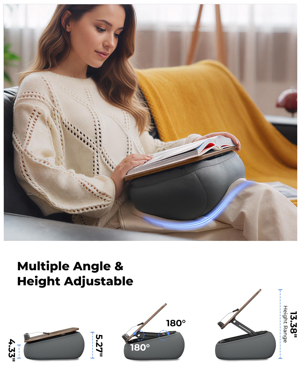 Viozon Lap Book Pillow Stand with Storage, Adjustable Beanbag Reading Pillow with Dark Wood Panel, Multi-Angle Book Holder for Hands-Free Reading in Bed or Sofa,Book Lover Essential, Soft Cushion