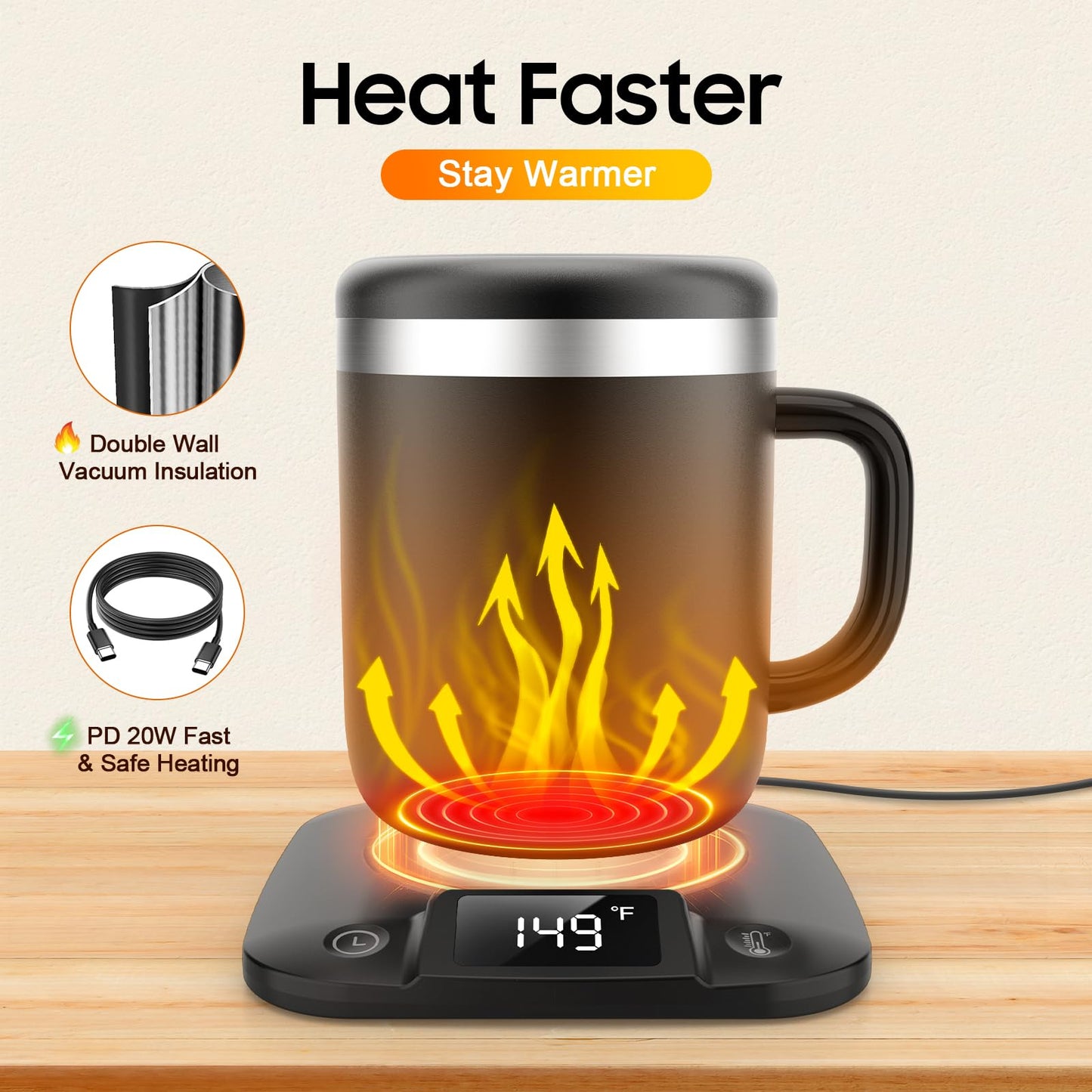 ZENLONCUBS Smart Electric Heated Coffee Mug with Temperature Control, 5 Settings & Display, Auto Shut-Off, Fast Heating Warmer Set with Stainsteel Coffee Mug (14oz-Black)
