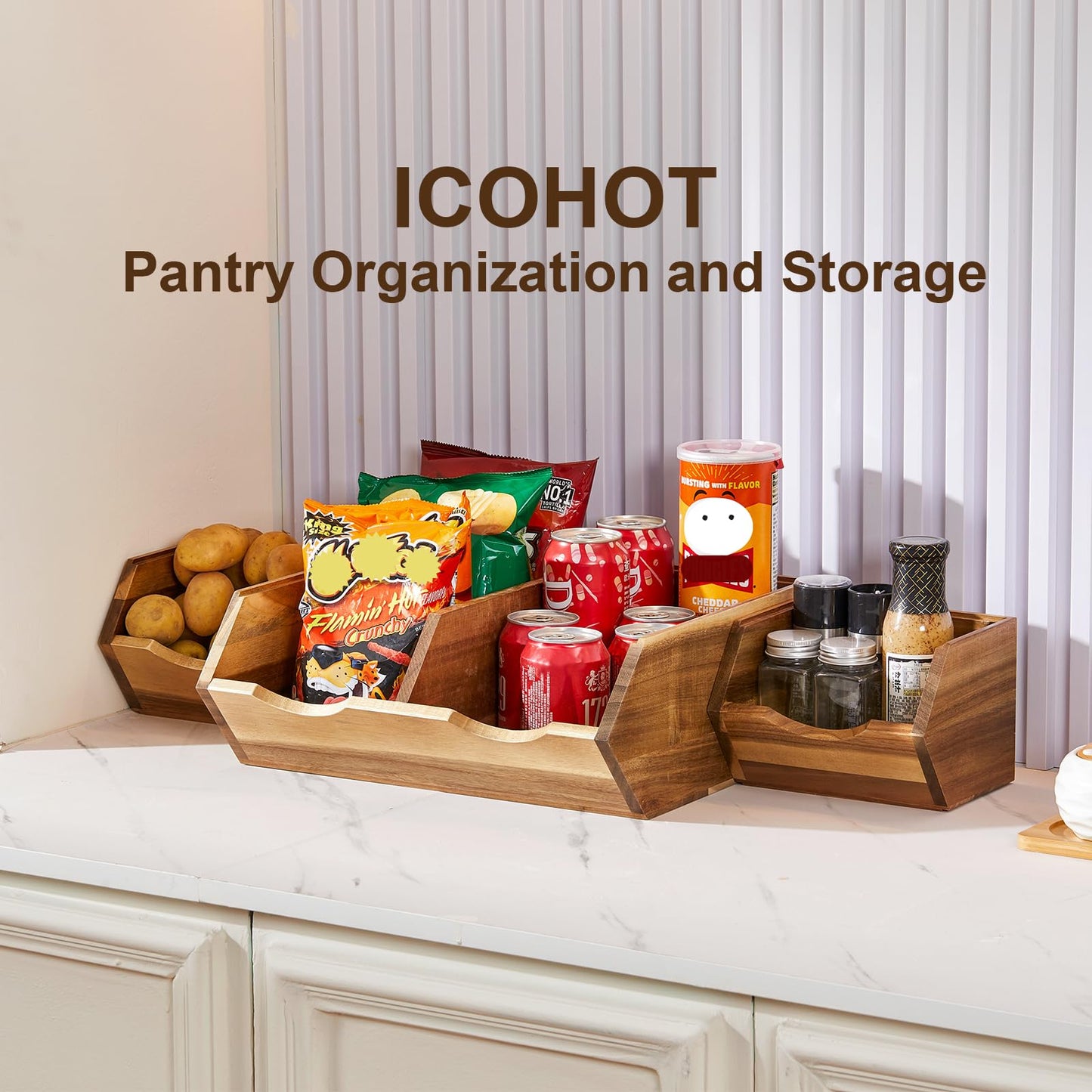 ICOHOT Acacia Wood Pantry Storage Bins, Stackable Storage Baskets Potato and Onion Storage Bins, Pantry Organizer Wooden Baskets Organization and Storage, Set 3 Pieces