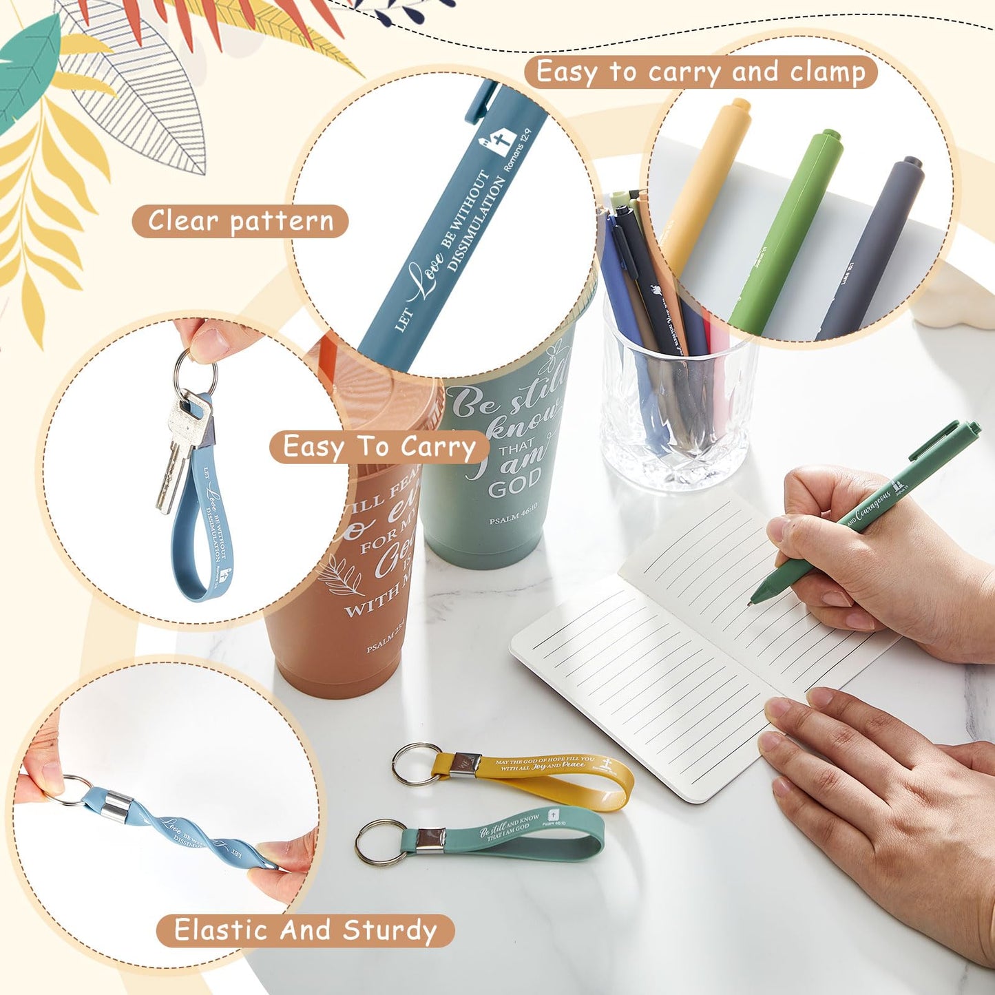Hollowfly 12 Set / 48 Pcs Christian Church Gifts Bulk, Plastic Cups with Bible Verse Pens Keychains Notebooks for Women Christian Religious Catechist Appreciation Gifts (Morandi Color)