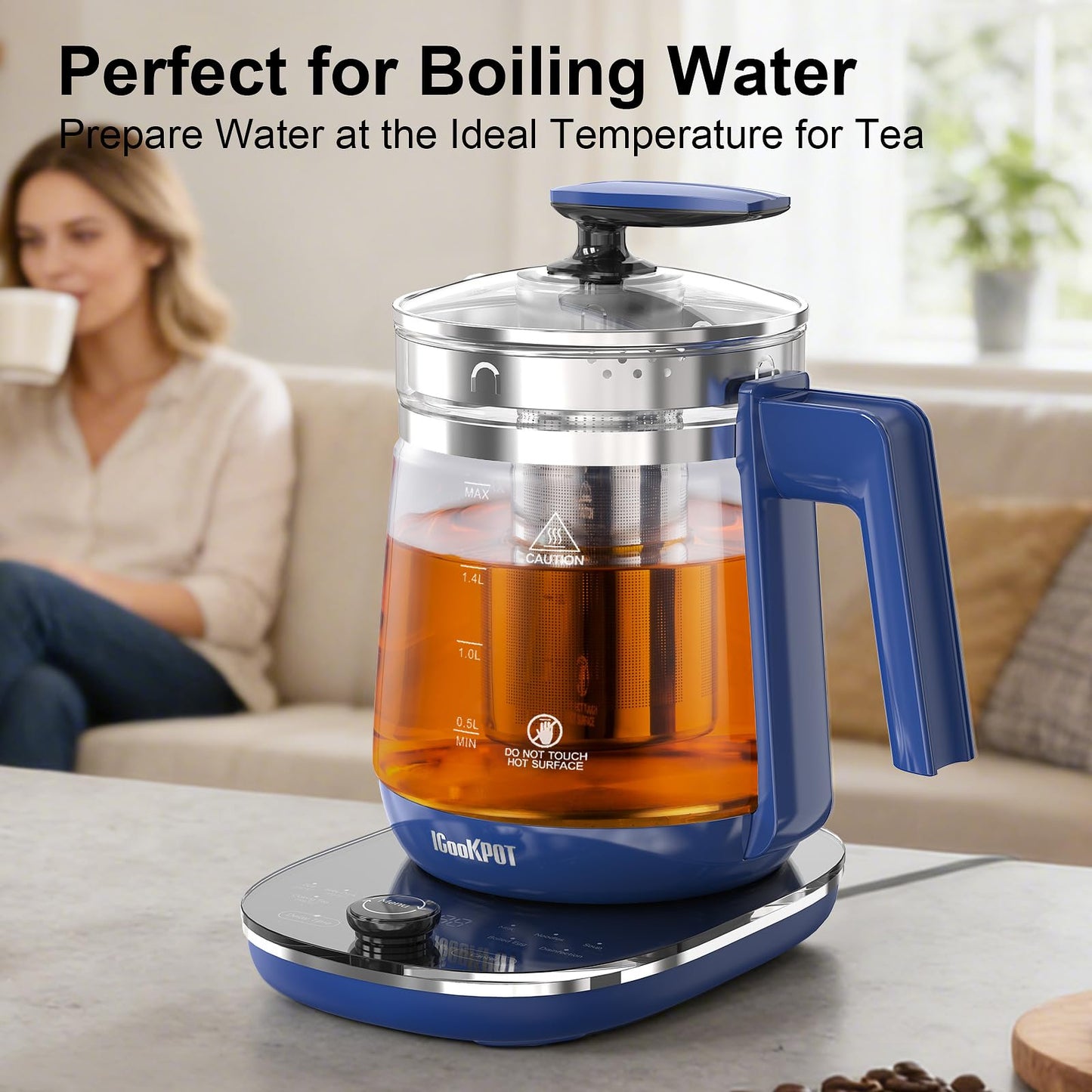ICOOKPOT 1200w Electric Kettle, 1.5L Borosilicate Glass tea kettle, Hot water kettle electric for Coffee or Tea, BPA Free, Auto Shut-Off, Stainless Steel, Fast Boil, Blue