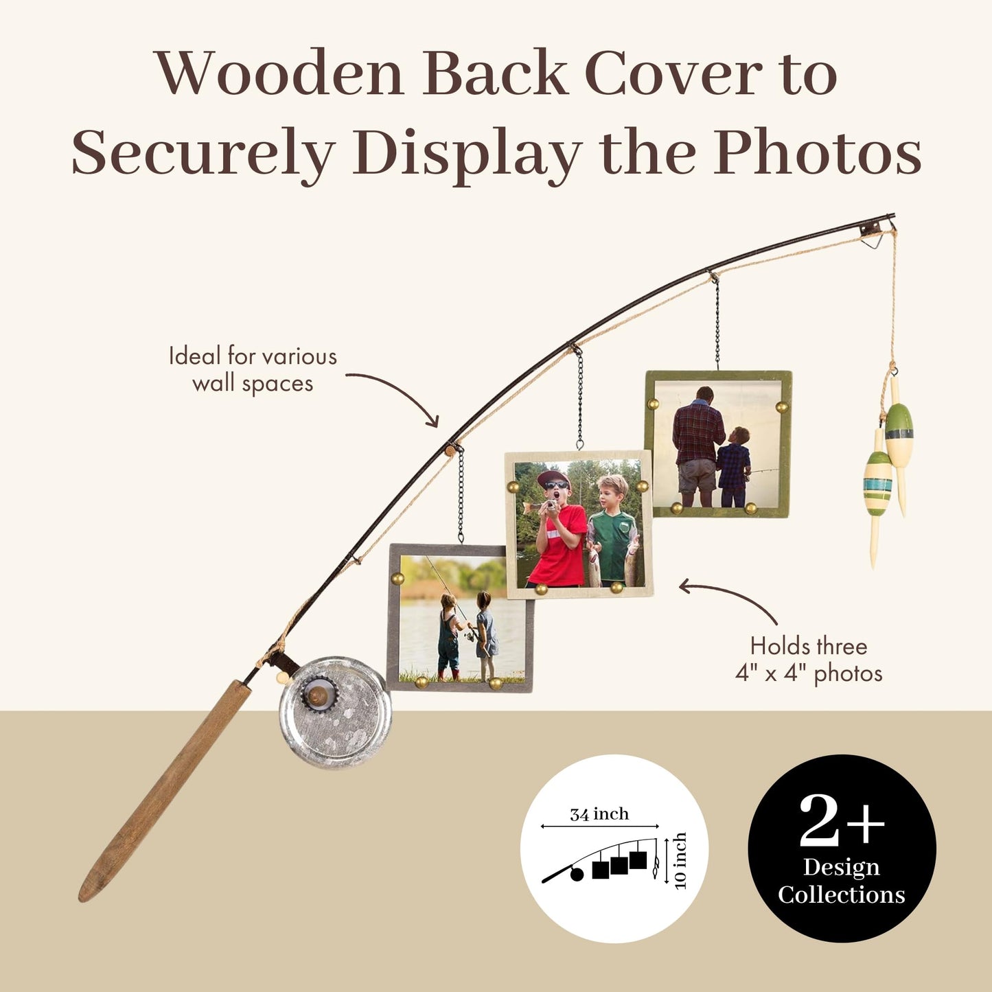Young's Inc Wood Fishing Pole Triple Photo Frame – Rustic Lake House Wall Fish Decor with Hanging 4x4 Frames, Lodge & Woodland Cabin Accent for Fishermen, Outdoor Enthusiasts, and Family Memories