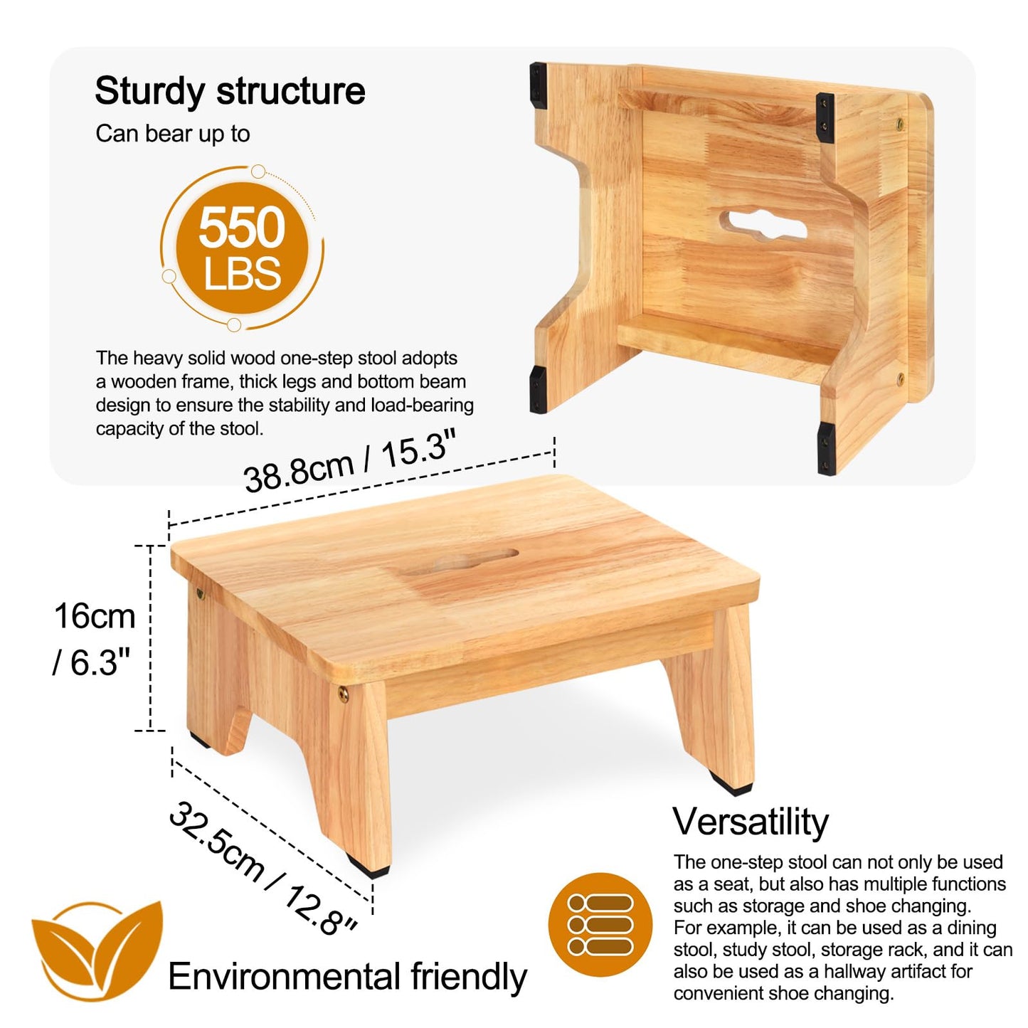 One Step Stool for Adults Seniors, 6.5" Heavy Duty Wooden Stepping Stools with 550 LBS Capacity for Bedroom Kitchen Bathroom, Bed Steps for High Beds, Bedside Support