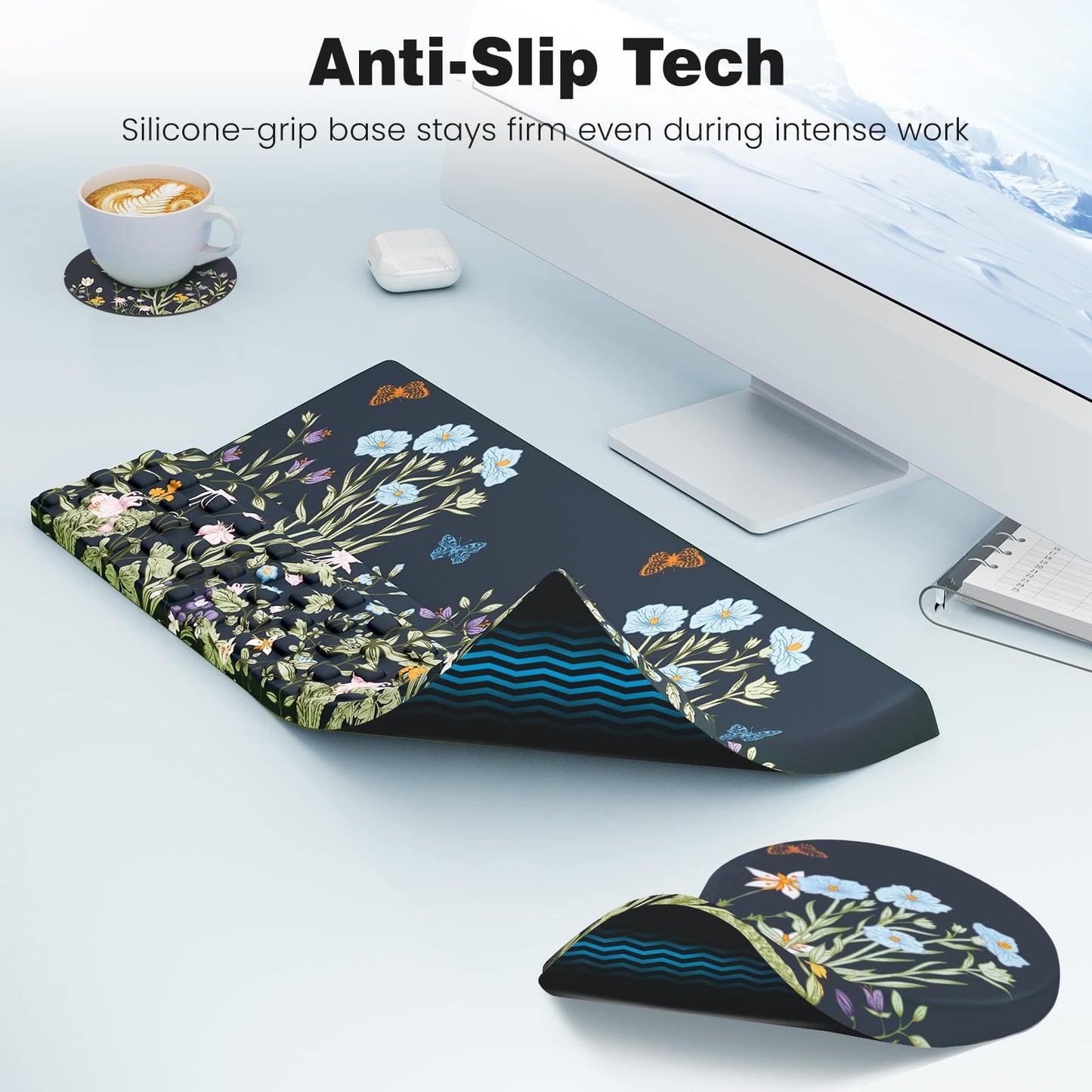Ospelelf Ergonomic Mouse Pad and Keyboard Stand Wrist Rest Set, Memory Foam Comfort, Pain Relief for Typing, Office Desk Accessories, Moonlit Blossoms