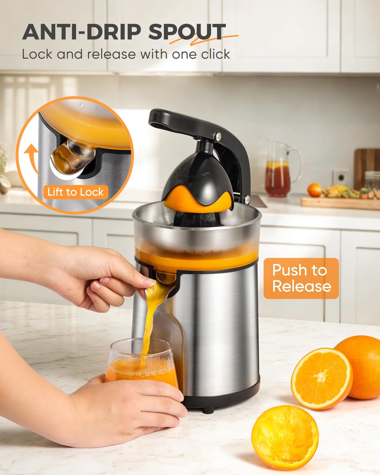 Amzpass Electric Orange Juicer, Citrus Juicer Squeezer with 2 Interchangeable Cones, 160W Electric Juicer Machine with Stainless Steel Body & Transparent Juice Collector for Lime Grapefruit Lemon