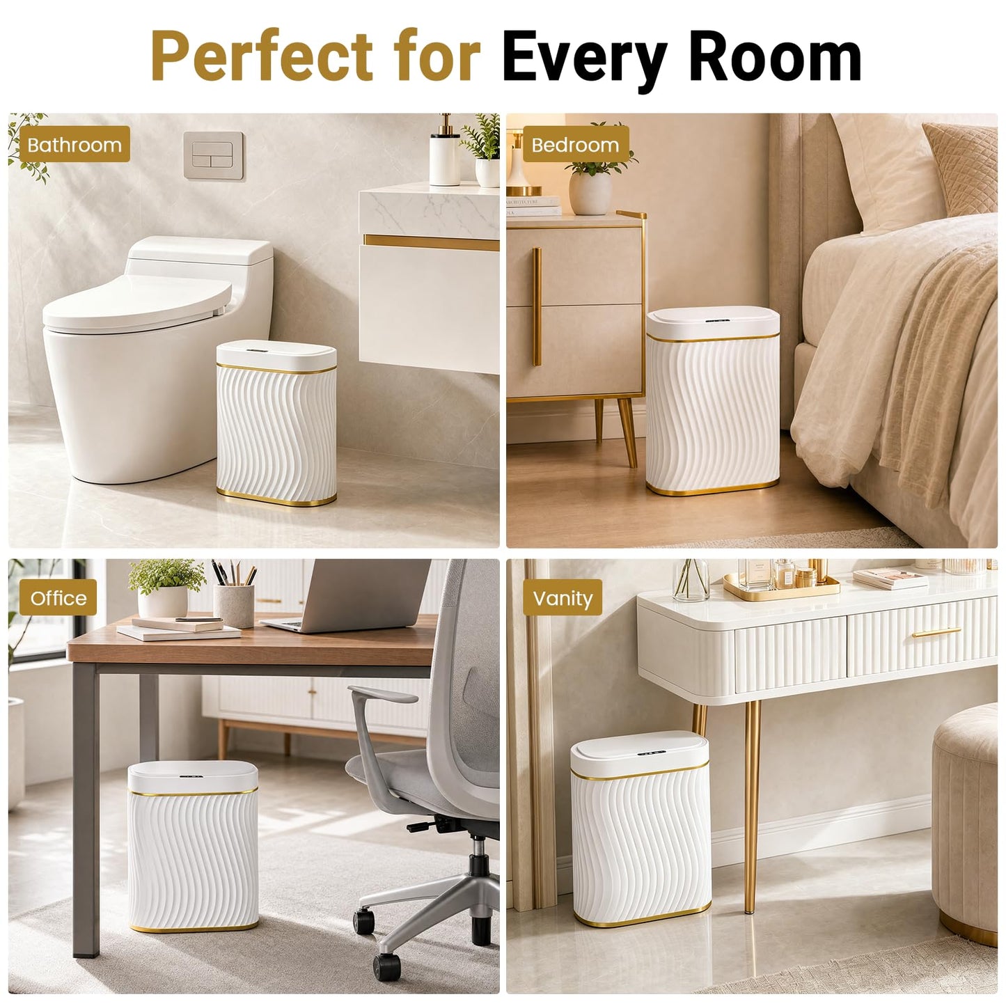 Bathroom Small Trash Can with Automatic Touchless Lid, 2.6 Gallon Smart Garbage Can Narrow Waterproof Trash Bin for Bedroom, Office, Living Room