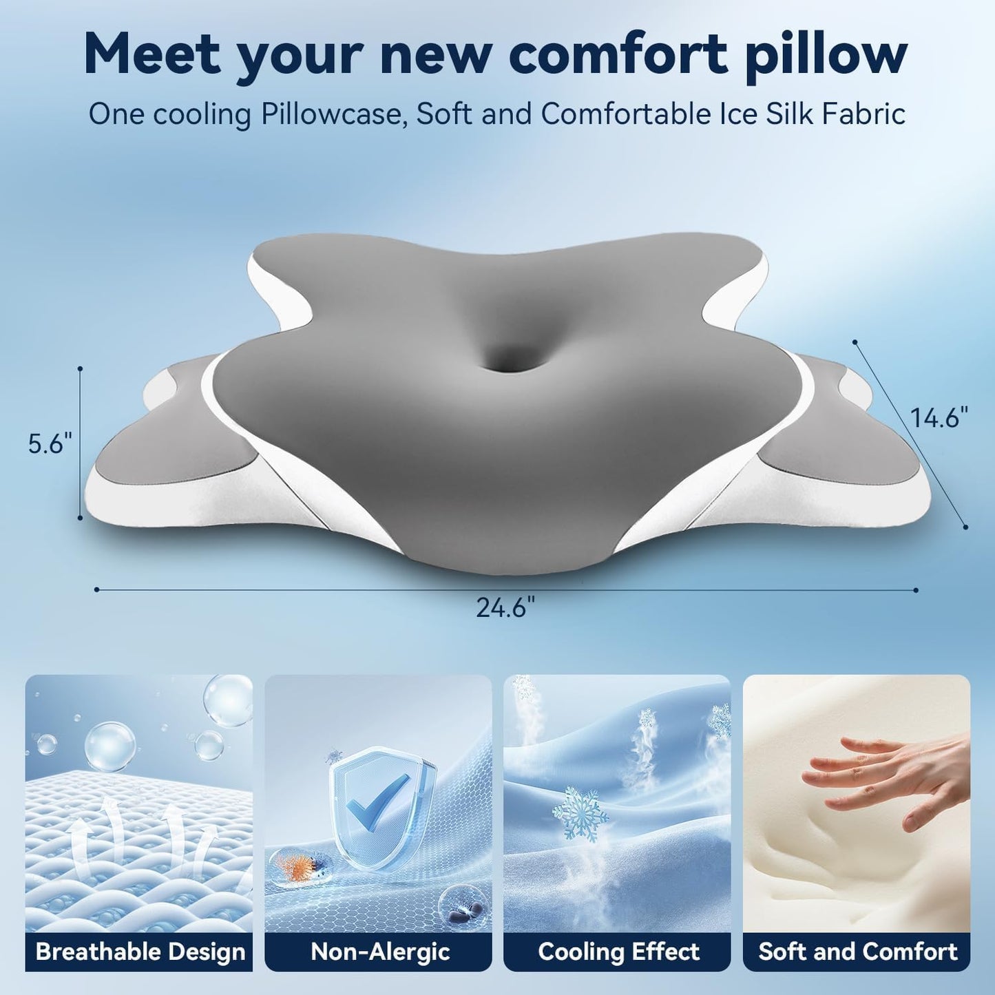 Sleep Apnea Pillow with Neck Pain & Snoring Relief -Orthopedic Cervical Pillow, Ergonomic Contour Memory Foam for Side, Back,Stomach Sleepers, Medium Firm (Darkgrey, Queen Size 25" lx15 wx5.8 h)