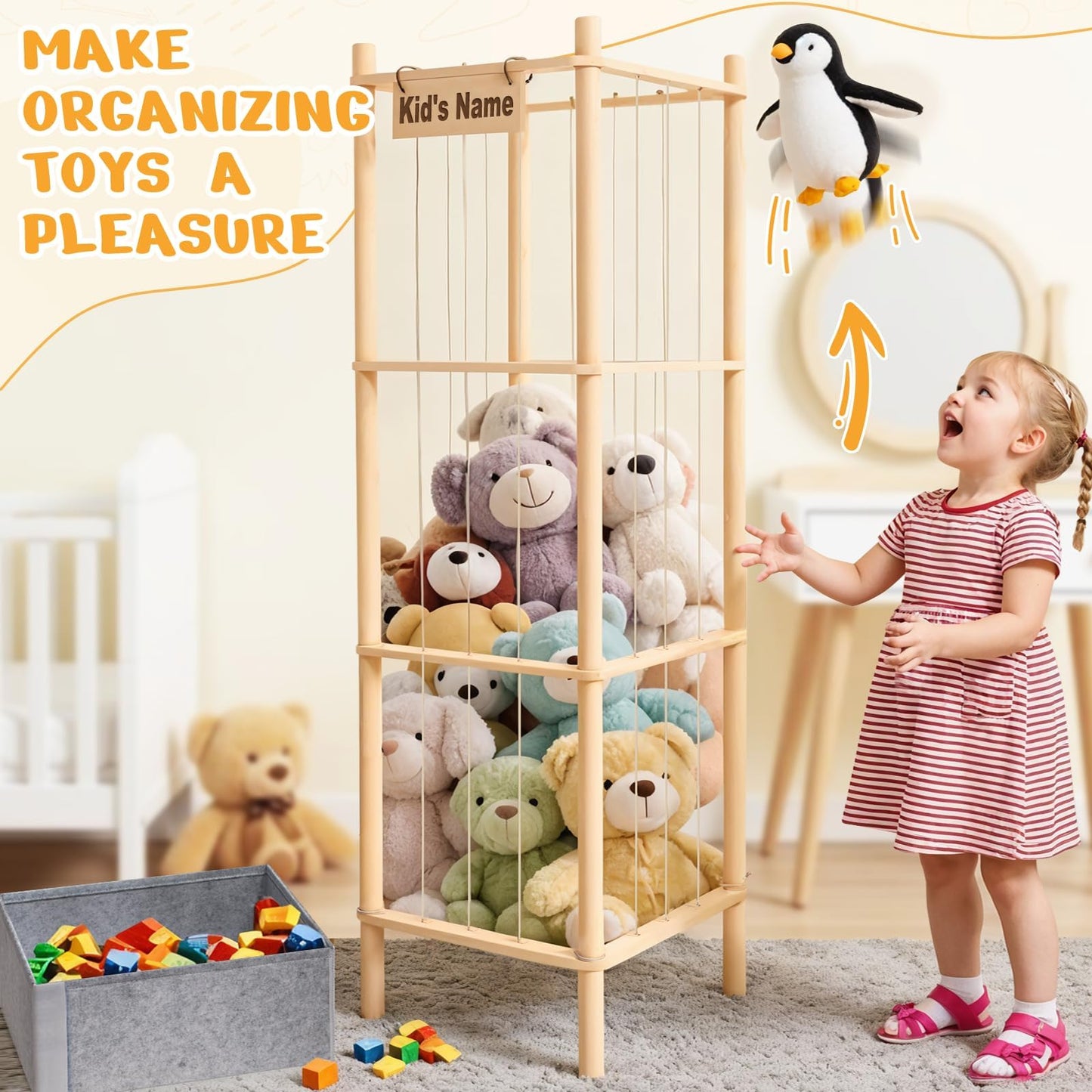 WORLDMX Stuffed Animal Storage with Toys Tray, 57In Large Wooden Stuffy Plushies Storage Holder Extra Large Capacity Stuffed Animals Zoo Organizer for Toddler Rooms, Playrooms & Bedrooms