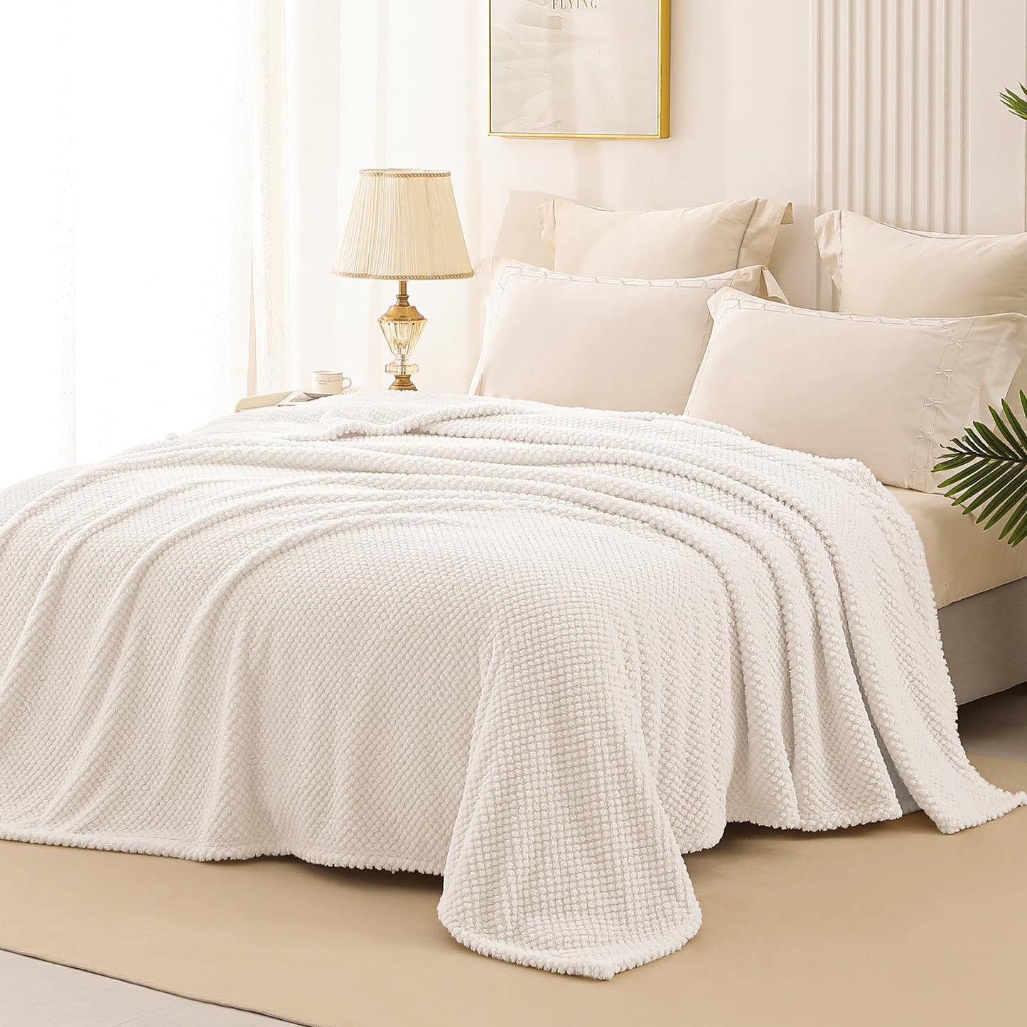Whale Flotilla Queen Size Fuzzy Fleece Blanket for Bed, 90x90 Inch Fluffy Soft Jacquard Blankets for All Season, Lightweight and Cozy, Ivory