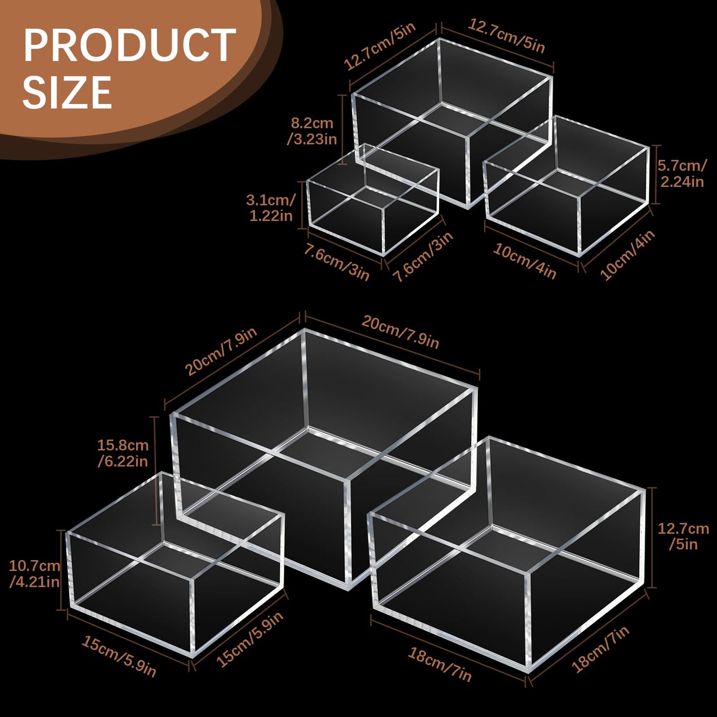 Geelin 6 Pack Acrylic Risers for Display Acrylic Cube Boxes Risers Display Stands with Hollow Bottoms Decorative Stand for Jewelry Candy Table Decor 6 Sizes(Clear,3 to 8 Inch,Square)