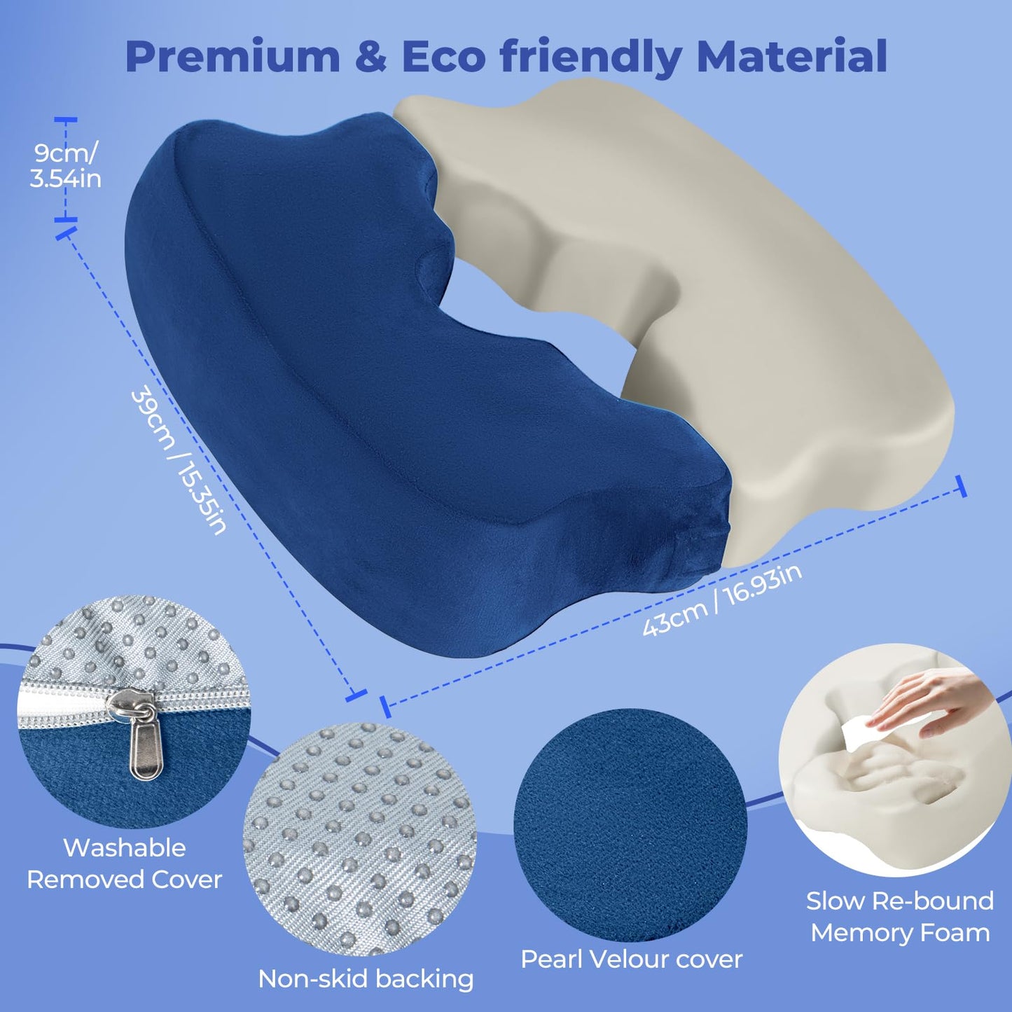 SAHEYER Bed Sore Cushions for Butt, Memory Foam Hemorrhoid Pressure Relief Pillow with Center Hole and Tailbone Cutout, for Long Sitting Coccyx, Sciatica, Postpartum, Pregnancy, After Surgery, Blue