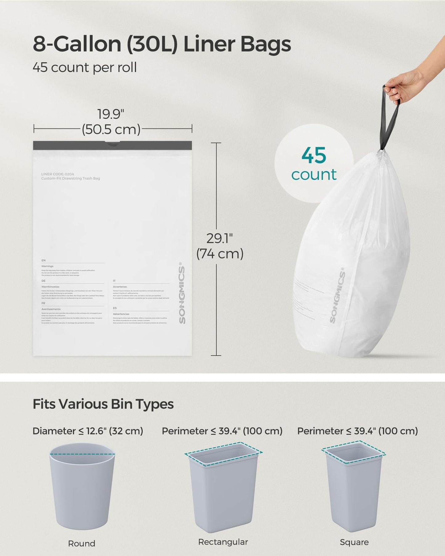 SONGMICS Trash Bags, Drawstring Kitchen Garbage Bags, Pre-Separated, Box-Free Pack, for 8-Gallon (30 L) Trash Cans, Liner Code 30A, 2 Rolls, 90 Count, White UKRB30A02