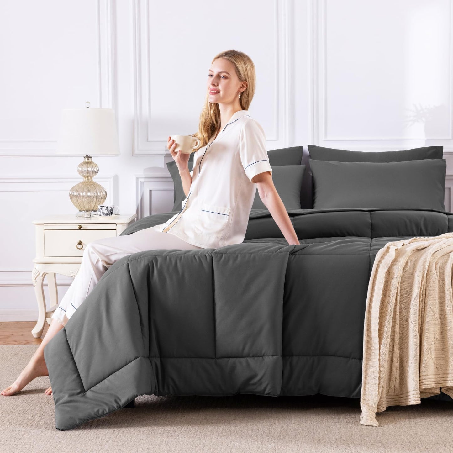 CozyLux Queen Comforter Set Dark Grey, 7 Pieces Bed in a Bag, Dark Gray Comforter Queen Size, All Season Bedding Sets with Stitch Quilted Comforter, Flat Sheet, Fitted Sheet, Pillowcases