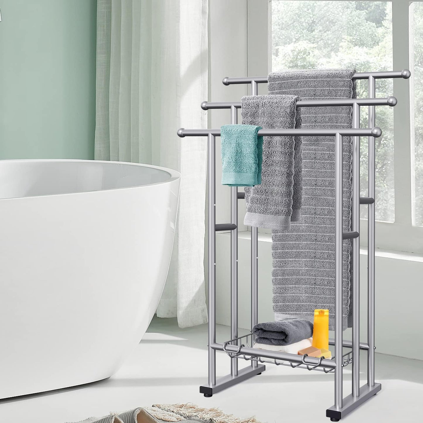 40" Tall Freestanding Towel Racks for Bathroom, 3 Tier Floor Towel Rack with Storage Basket, Blanket Ladder Drying and Display Rack for Large Bath & Hand Towel Outdoor Poolside