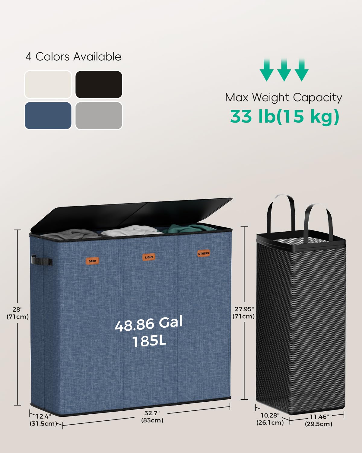 MECINFUL 3 Bin Laundry Hamper 185L, Large Laundry Hamper with Lid, Dirty Clothes Hamper with 3 Detachable Washing Bags, Foldable Laundry Basket Organizer for Bedroom, Laundry Room
