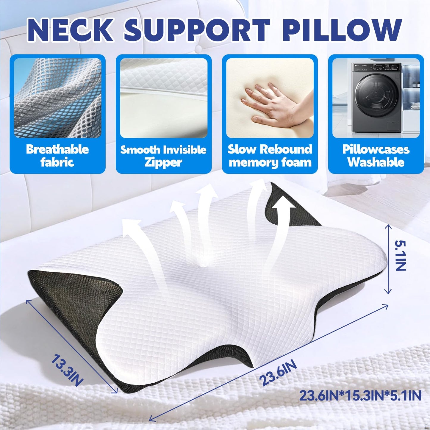 Keaolotay Cervical Neck Pillow for Sleeping Ergonomic Sleep Apnea Pillow with Memory Foam Neck Support Pillow for Back Side Stomach Sleepers with Pillowcase (Black)