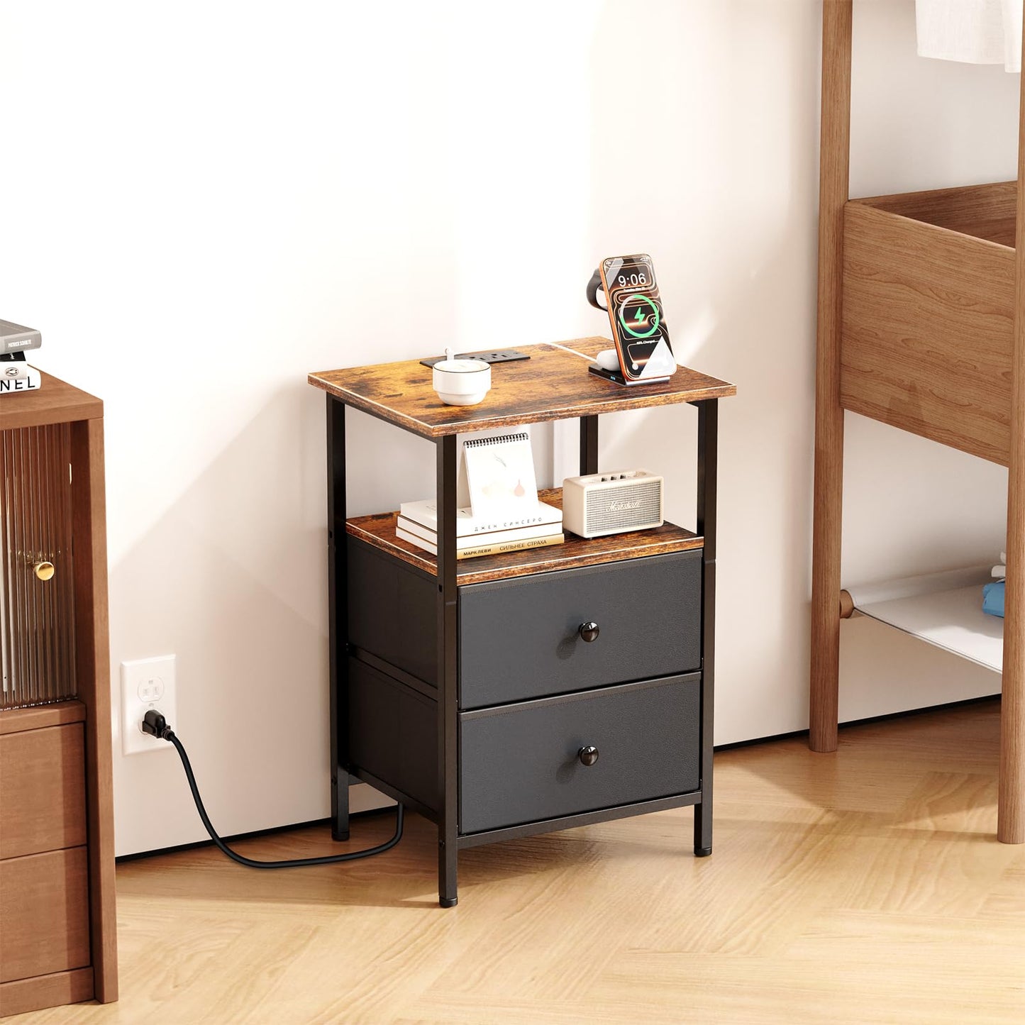 Smoproper Nightstand with Charging Station, Bedside End Table with 2 Fabric Drawers for Bedroom, Side Table with USB Ports and Outlets (Brown Black)