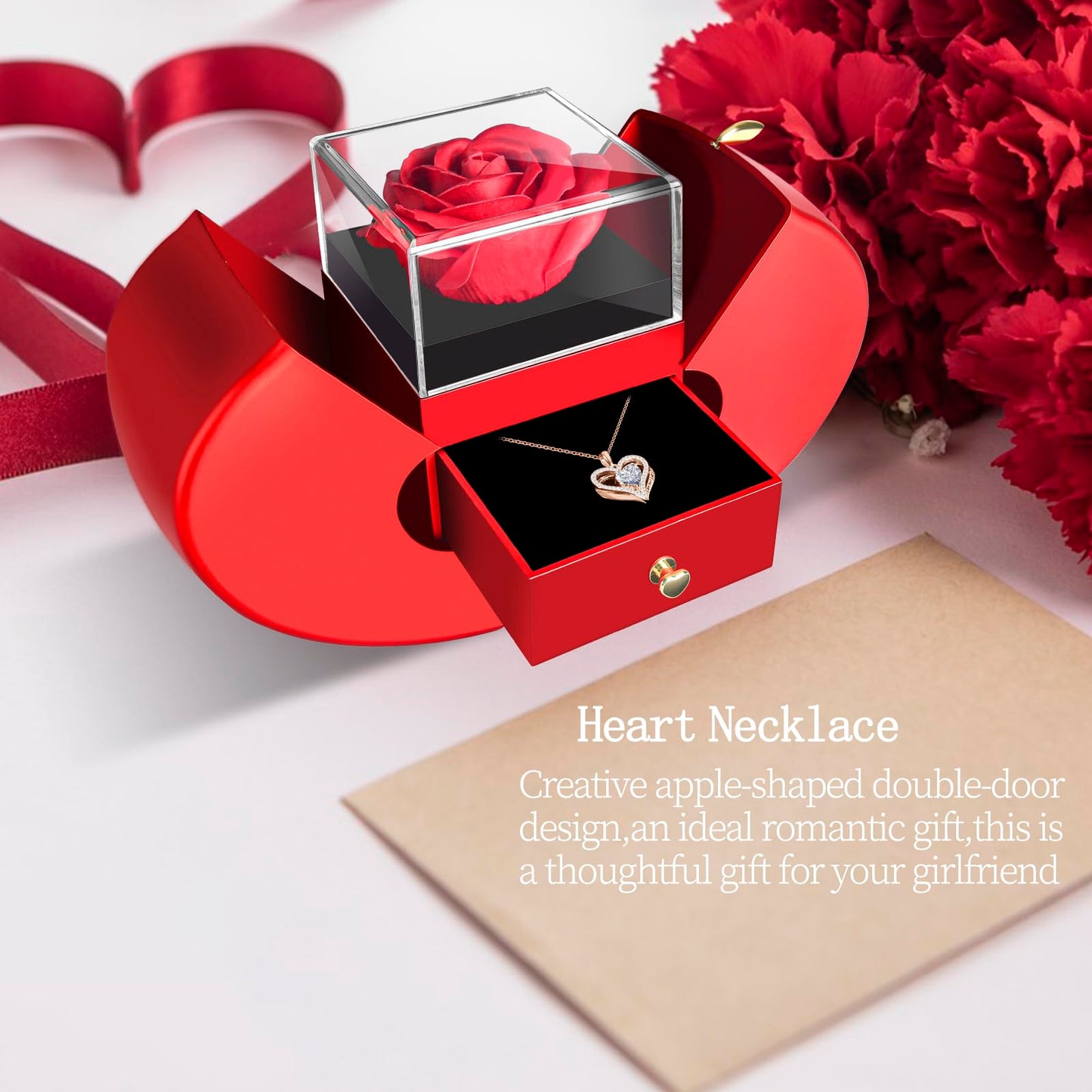 WEIMIL Preserved Flower Red Rose with Heart Necklace, Gifts for Mom, Girlfriend, Women, Wife, Grandma on Christmas, Valentine's Day, Mother's Day, Birthday, Anniversary, Thanksgiving
