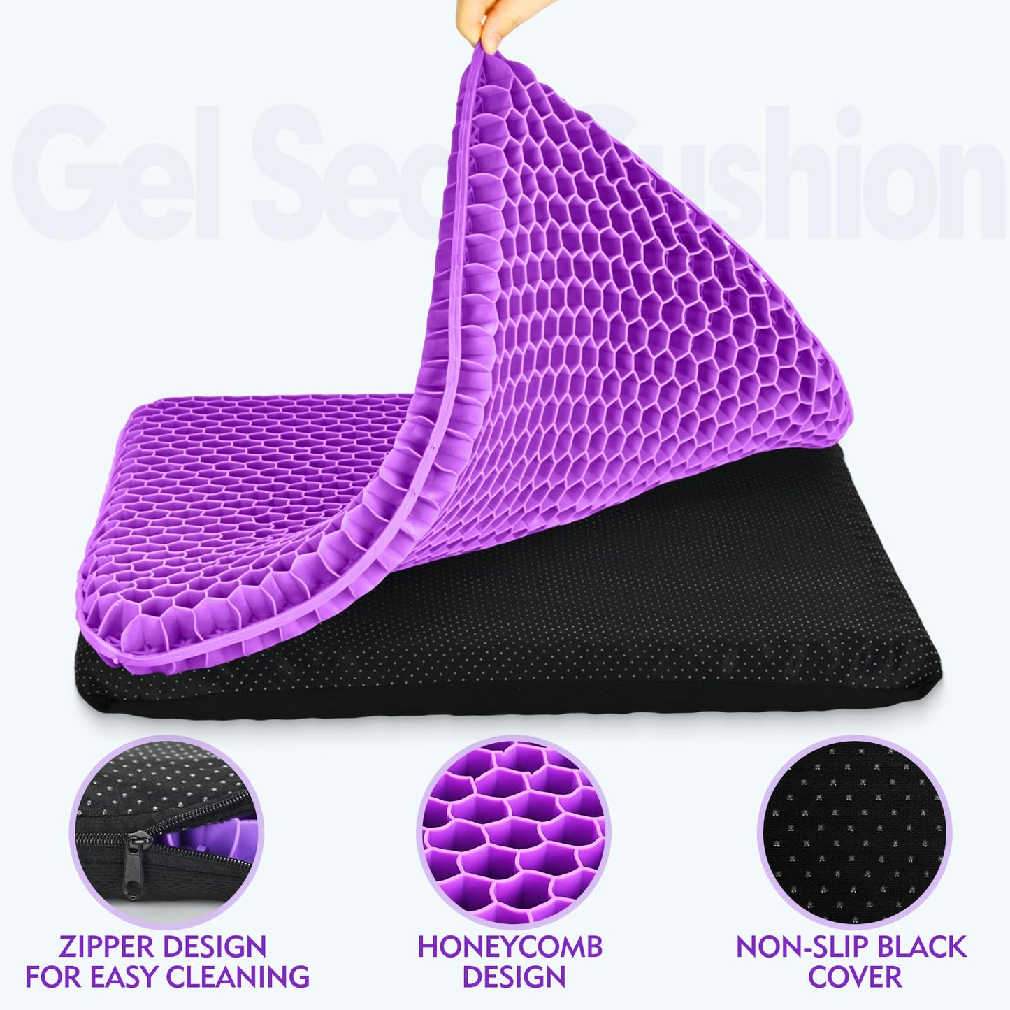 NIPURA Plus Size Gel Cushion for Long Sitting, Breathable Honeycomb Pressure Relief Pad for Office Chair, Car & Wheelchair (Plus Size - Light purple-01)