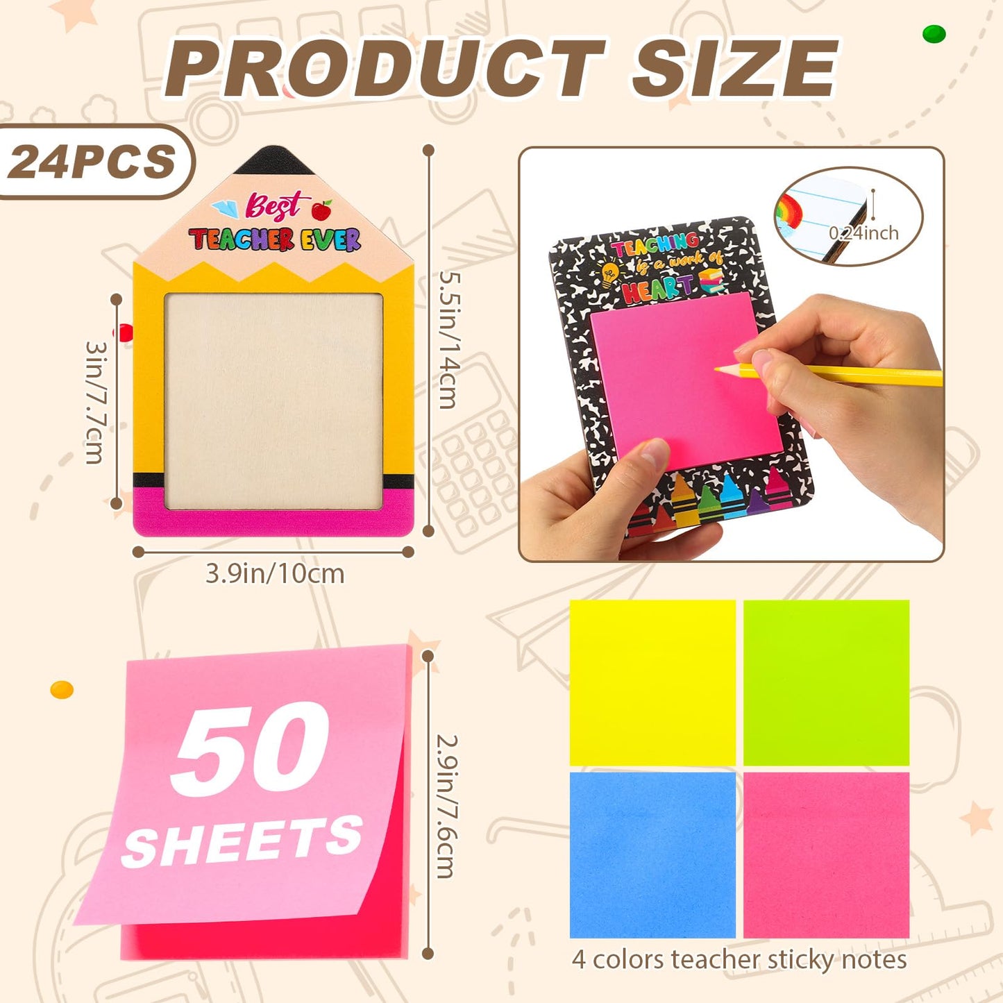 Epakh 24 Sets End of Year Teacher Gifts Bulk Sticky Note Pad Holder with Sticky Notes Thank You Teacher Appreciation Gifts Pencil Apple Composition Notebook Design for Graduation Coworker Employee