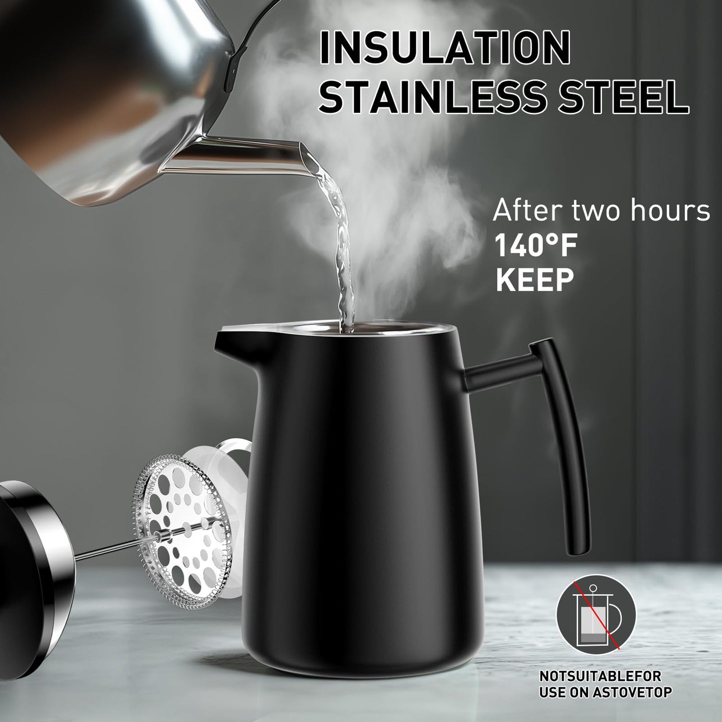 Secura 50oz French Press Coffee Maker – 304 Stainless Steel, Insulated Coffee Press with Extra Filter, Black