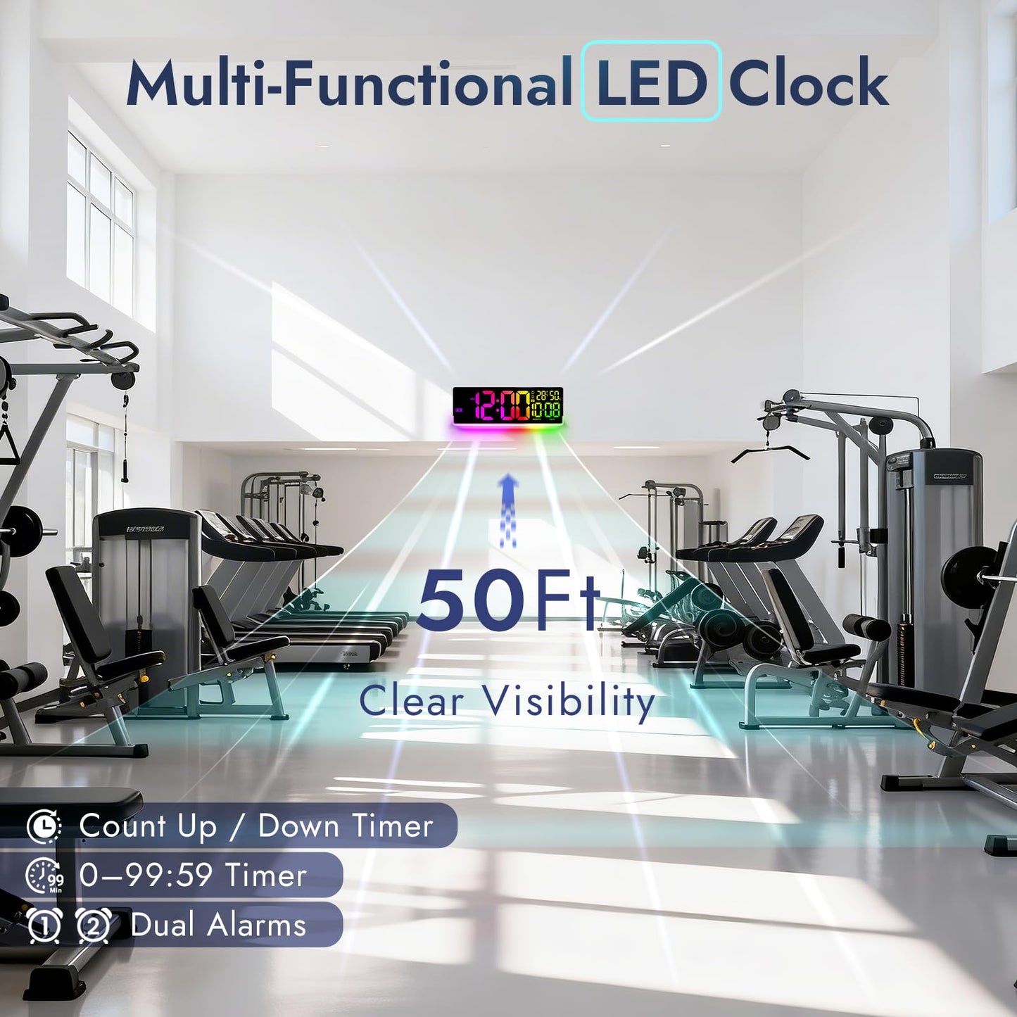 16.5" Large Digital Wall Clock: 11 Screen Colors and 13 U-Shaped RGB Backlight Modes with Sync Screen, Auto DST, Temp & Humidity, Dual Alarm & Timer – Digital Clock for Classroom, Gym, Gaming Room