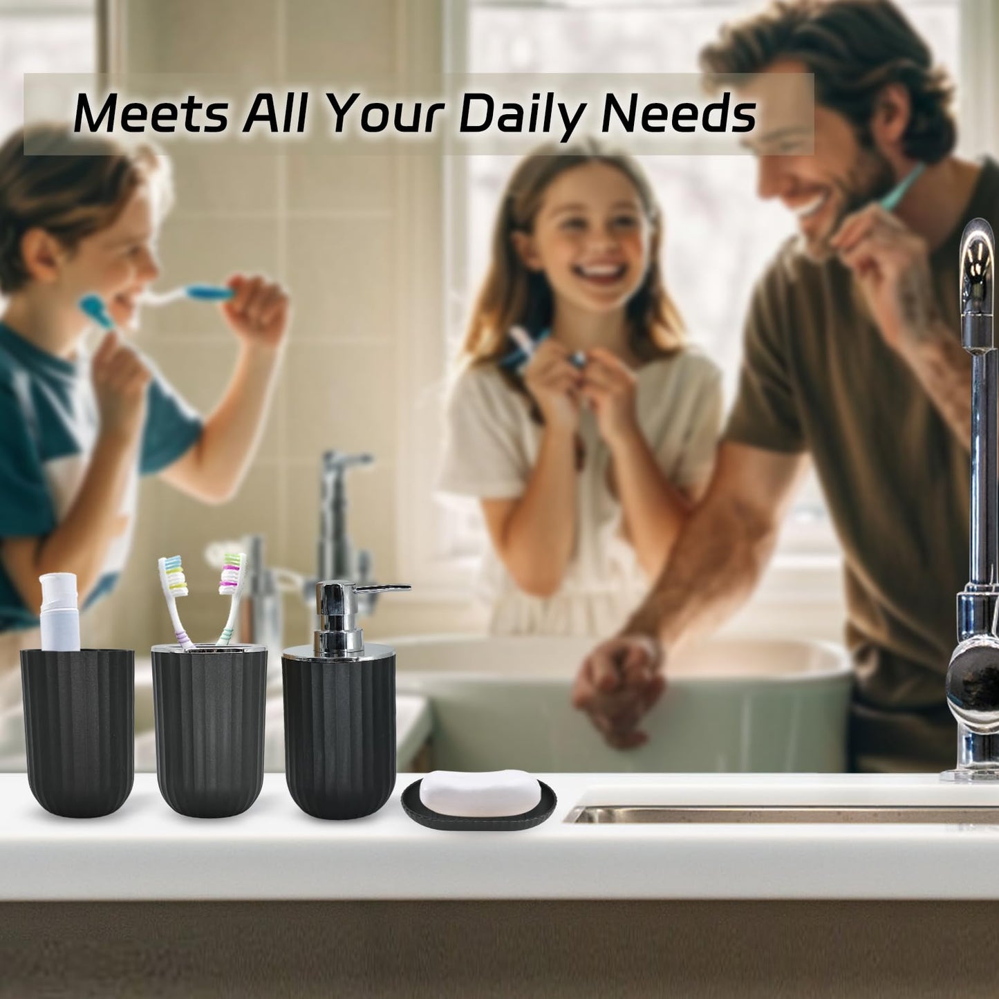 Black Bathroom Accessories Set, 9-Piece Bathroom Accessory Sets Complete with Trash Can, Shower Curtain, Vanity Tray, Soap Dispenser, Soap Dish, Toothbrush Holder, Toothbrush Cup and Toilet Brush