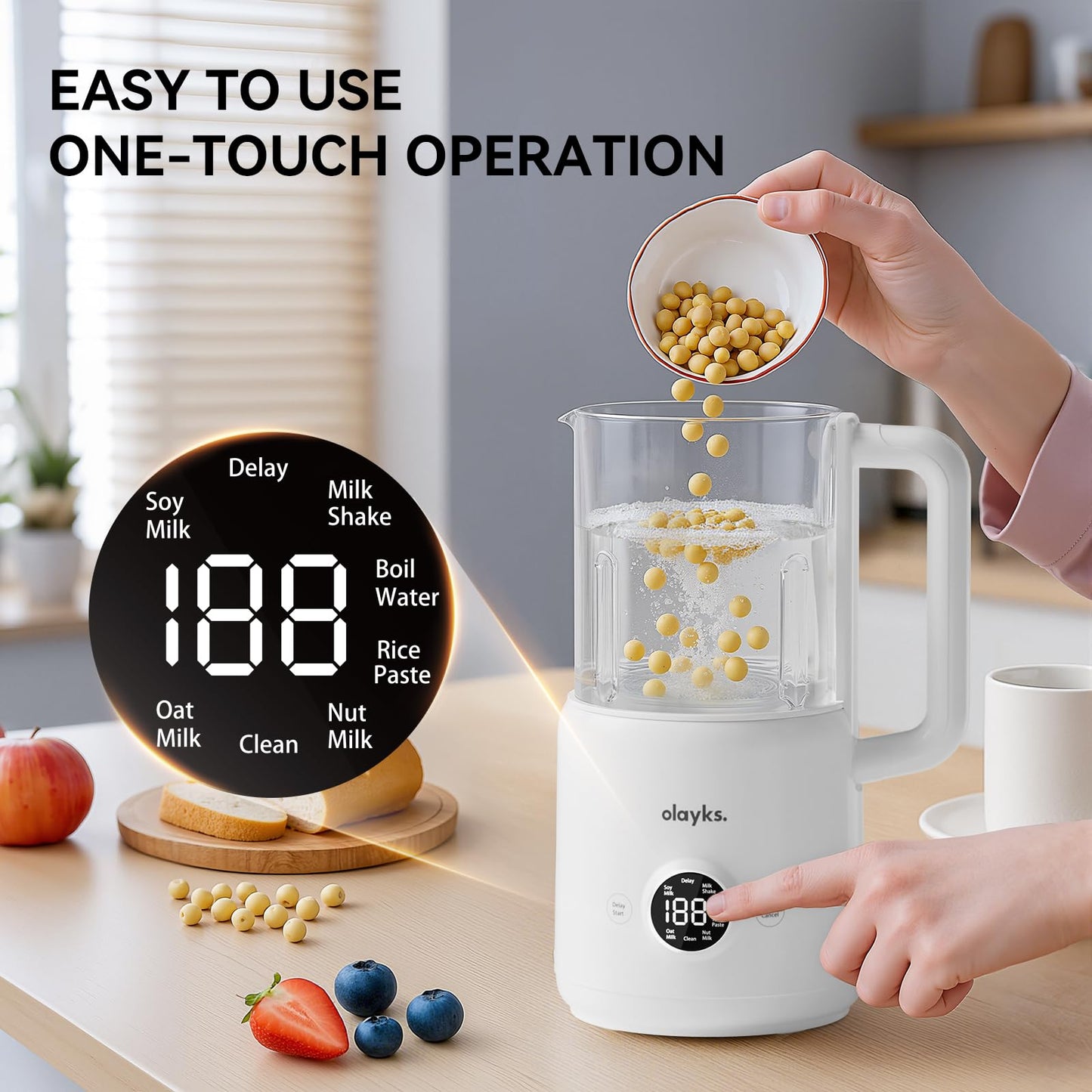 Olayks Nut Milk Maker Machine, 8 in 1 Automatic Soy Milk Maker with 12 Blades, Self-Cleaning, 18 Hours Delay Start for Homemade Oat, Almond Milk, Plant Based Milk, Boil Water, 20Oz