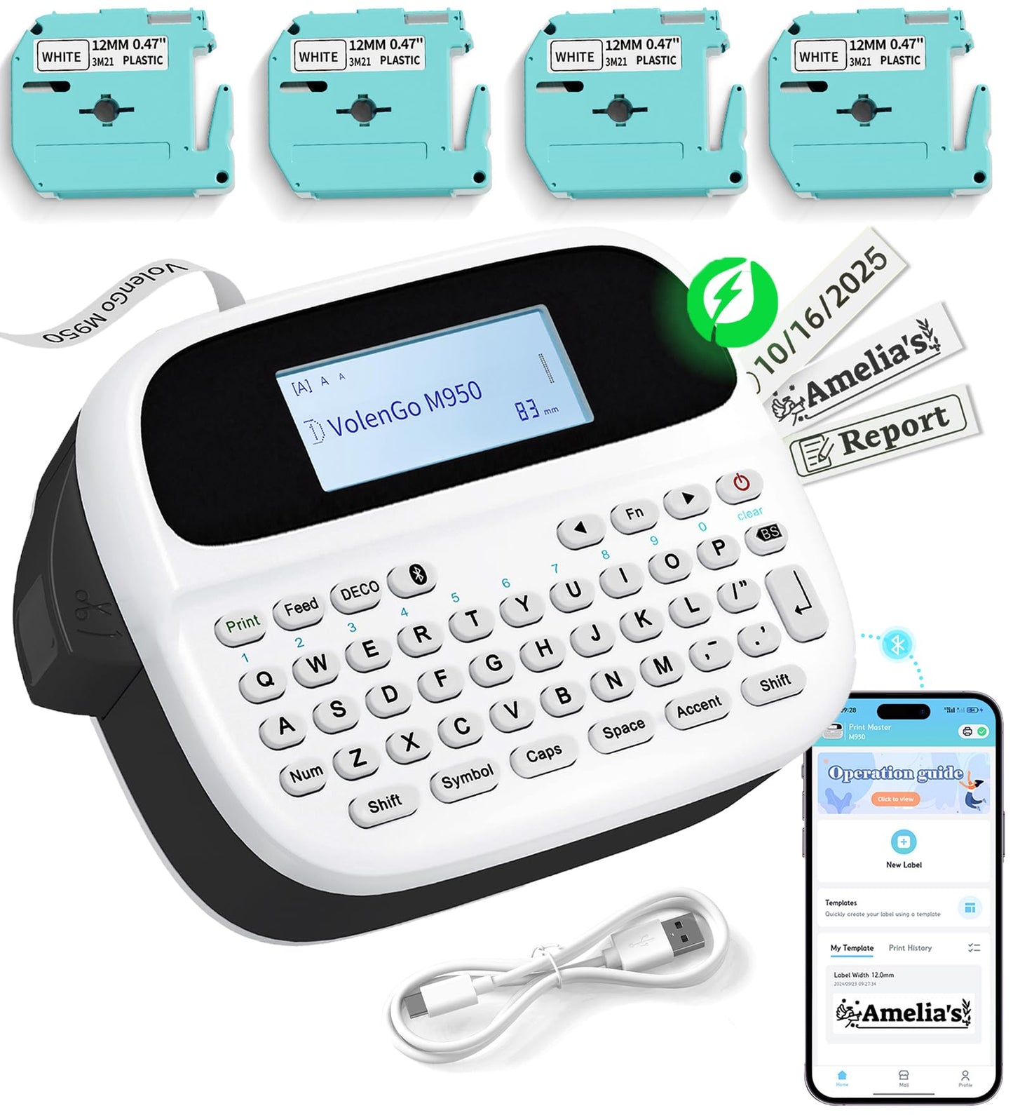 Label Maker Machine with 4 Tapes, Rechargeable Backlit Bluetooth Label Maker, Freezer Waterproof-Labels, Inkless 12mm M950 Label Printer, for Home/Office/School, Teacher Appreciation/Graduation Gifts