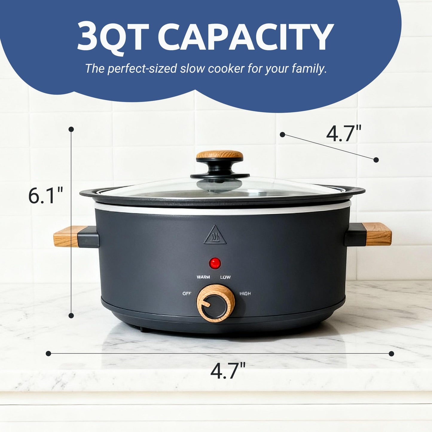 LoftyChef 3 Quart Slow Cooker with Aluminum Inner Pot, 3 Temperature Settings, Dishwasher-Safe Removable Pot & Glass Lid, Wood-Grain Handle Design, Compact Electric Cooker for Home Meals, Black