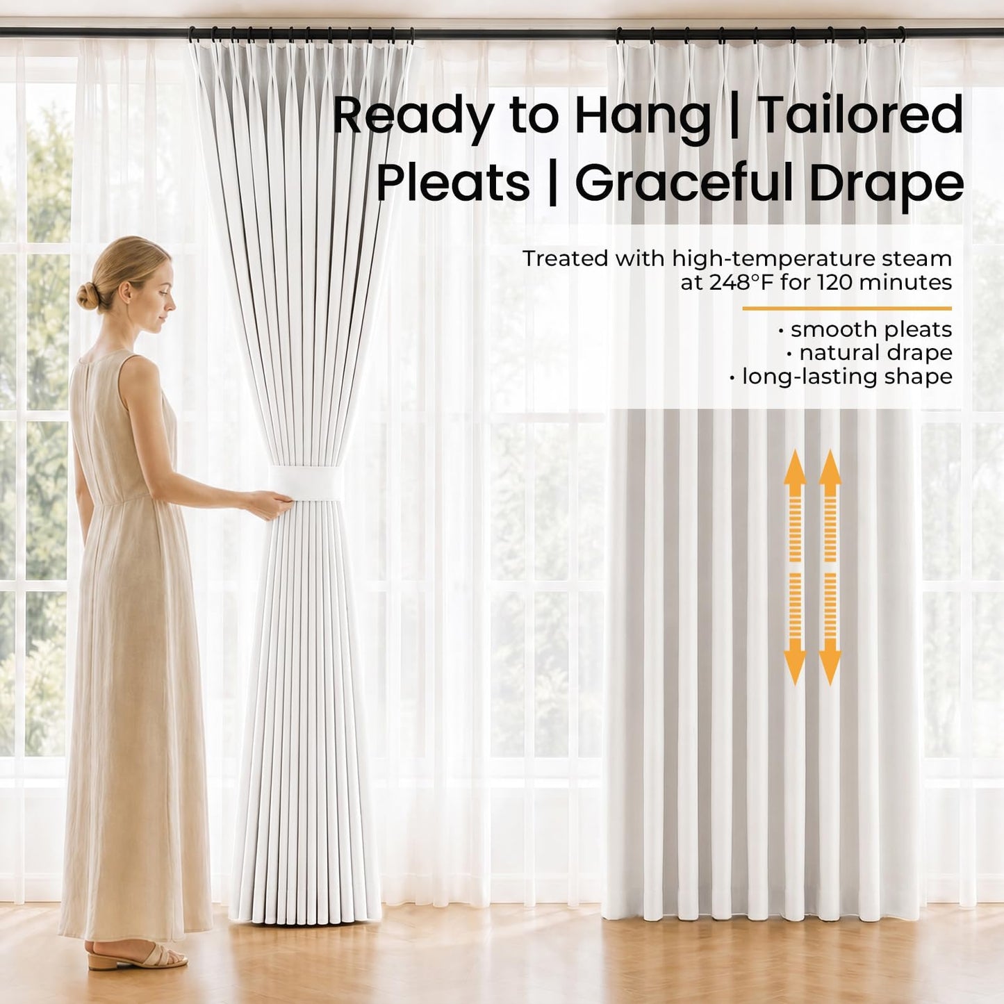 Topfinel 96 Inch Long Pinch Pleated Blackout Curtains for Bedroom Livingroom, Natural Beige Linen Blend 100% Blackout Sliding Door Curtains, Cozy Modern Privacy Protection Curtains,40" W*96" L