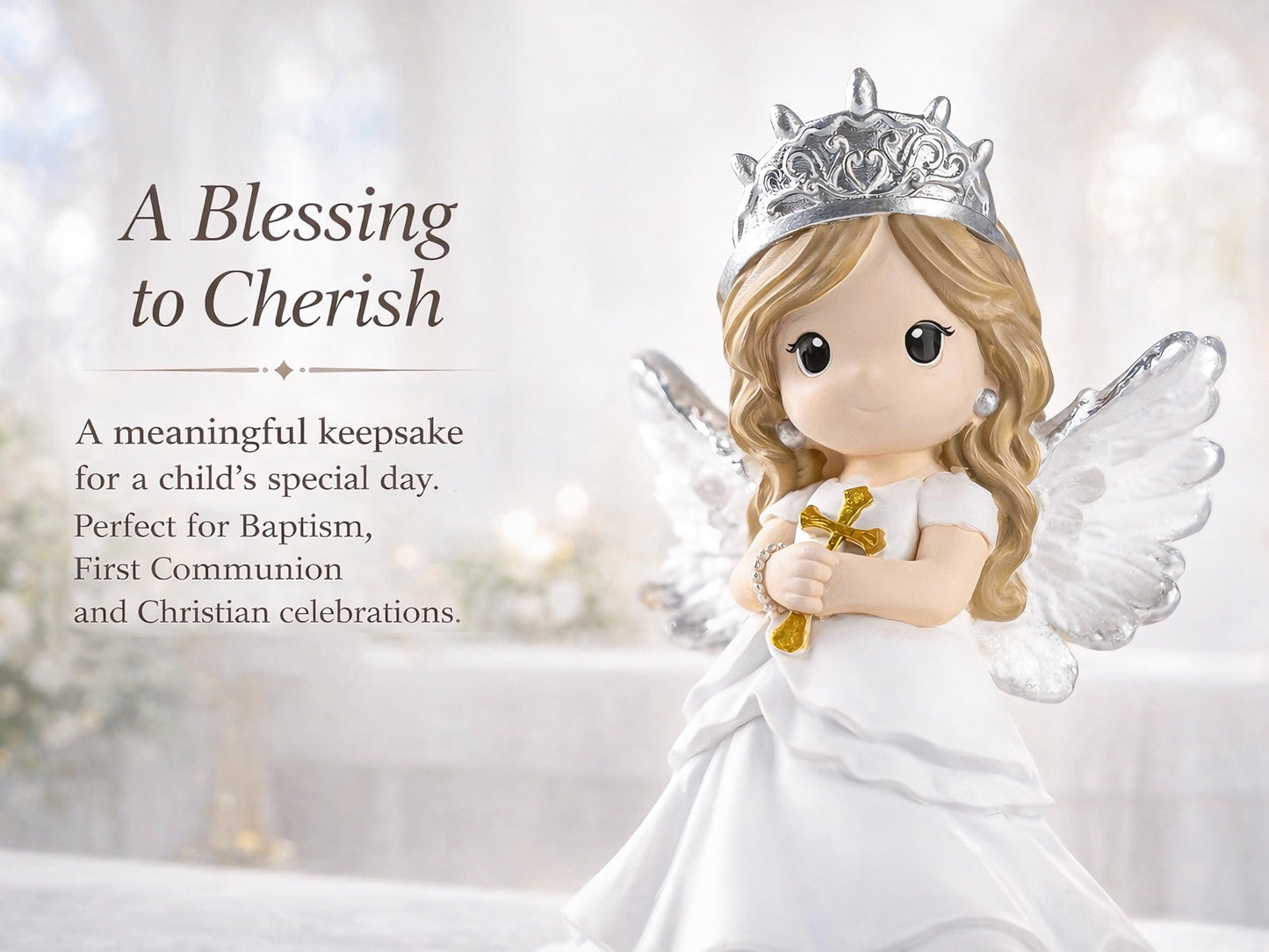 Gleemoria First Communion Gifts for Girls – Baptism & Confirmation Gifts for Teen Girls, Angel Figurine with Keepsake Box, Cross Necklace for Girls & Adjustable Bracelet & Wood Cross