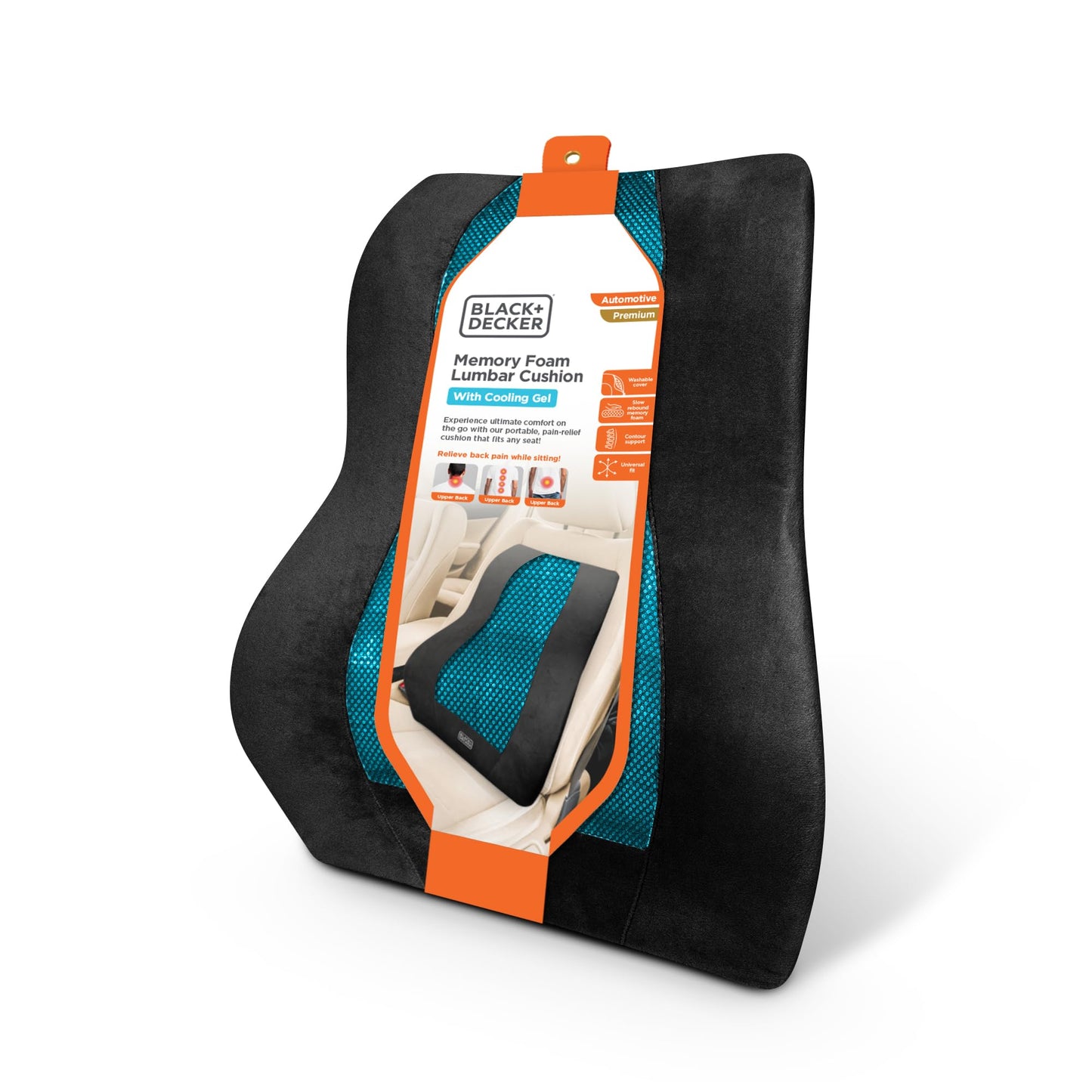 BLACK+DECKER Memory Foam Lumbar Support Pillow with Cooling Gel – High Back Lumbar Cushion for Office, Car, Wheelchair & Airplane – Ergonomic, Pain Relief, Adjustable Strap, Washable Cover,Black/Grey