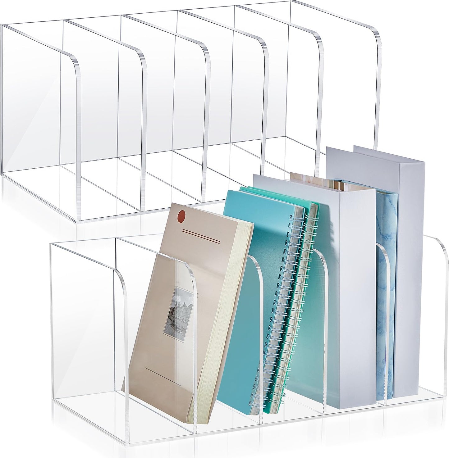 Suzile 2 Pack Clear Acrylic Magazine Holder with 5 Vertical Compartments, File Organizer Desk Rack for Home Office School, Document Book Storage Accessories, Clear Sorter