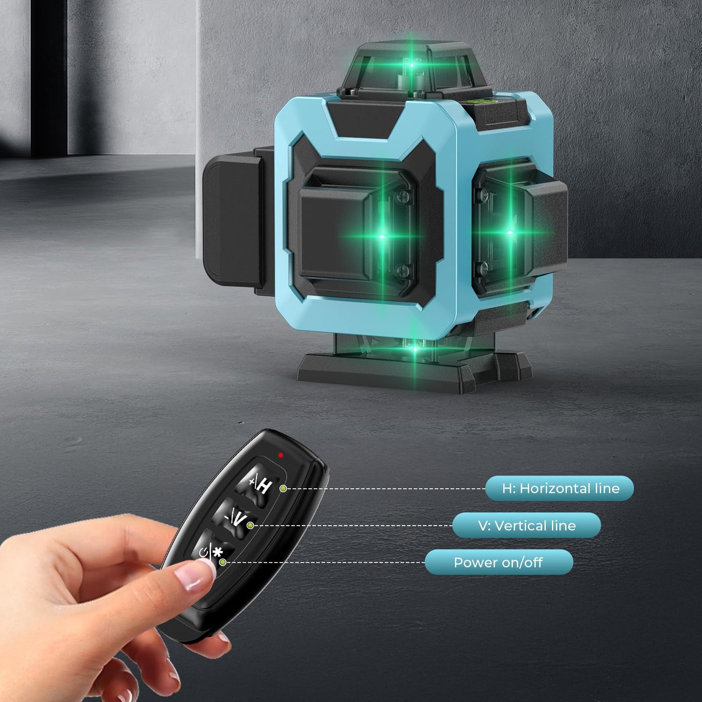 16 Line Laser Level 360 Self Leveling, 4x360°Professional 4D Cross Line Green Laser Level with 2 Batteries, Adjustable Brightness & Remote Control, for Tiling Floor Construction and Picture Hanging