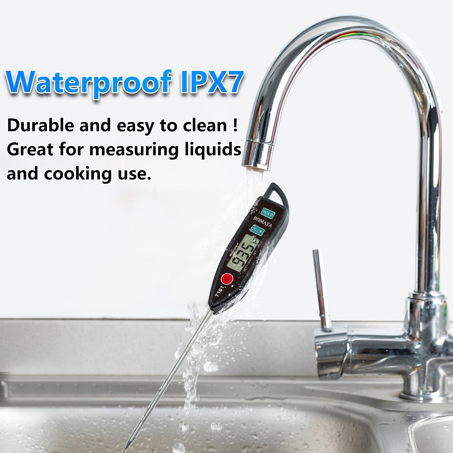 BOMATA 6 Pack Waterproof IPX7 Meat Thermometer Instant Read Food Thermometer with Long Probe for Water, Liquid, Kitchen Cooking, Grill,BBQ ! T101 X 6 Pcs (Black & Red & White)…