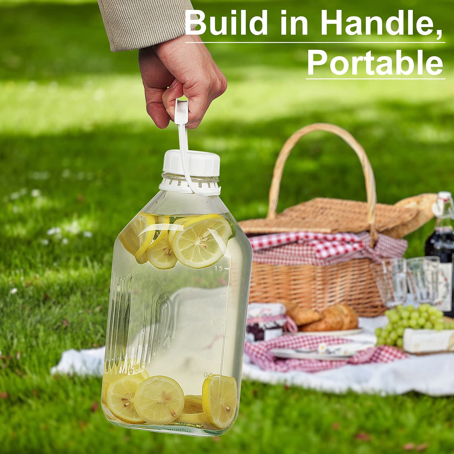 Syntic 4 Pack 2 Qt Glass Milk Bottles with Handle and Airtight Reusable Screw Lids, 1/2 Gal Glass Water & Juice Bottles with 2 Pour Spouts, 64 Oz Milk Jug Pitcher w Scale