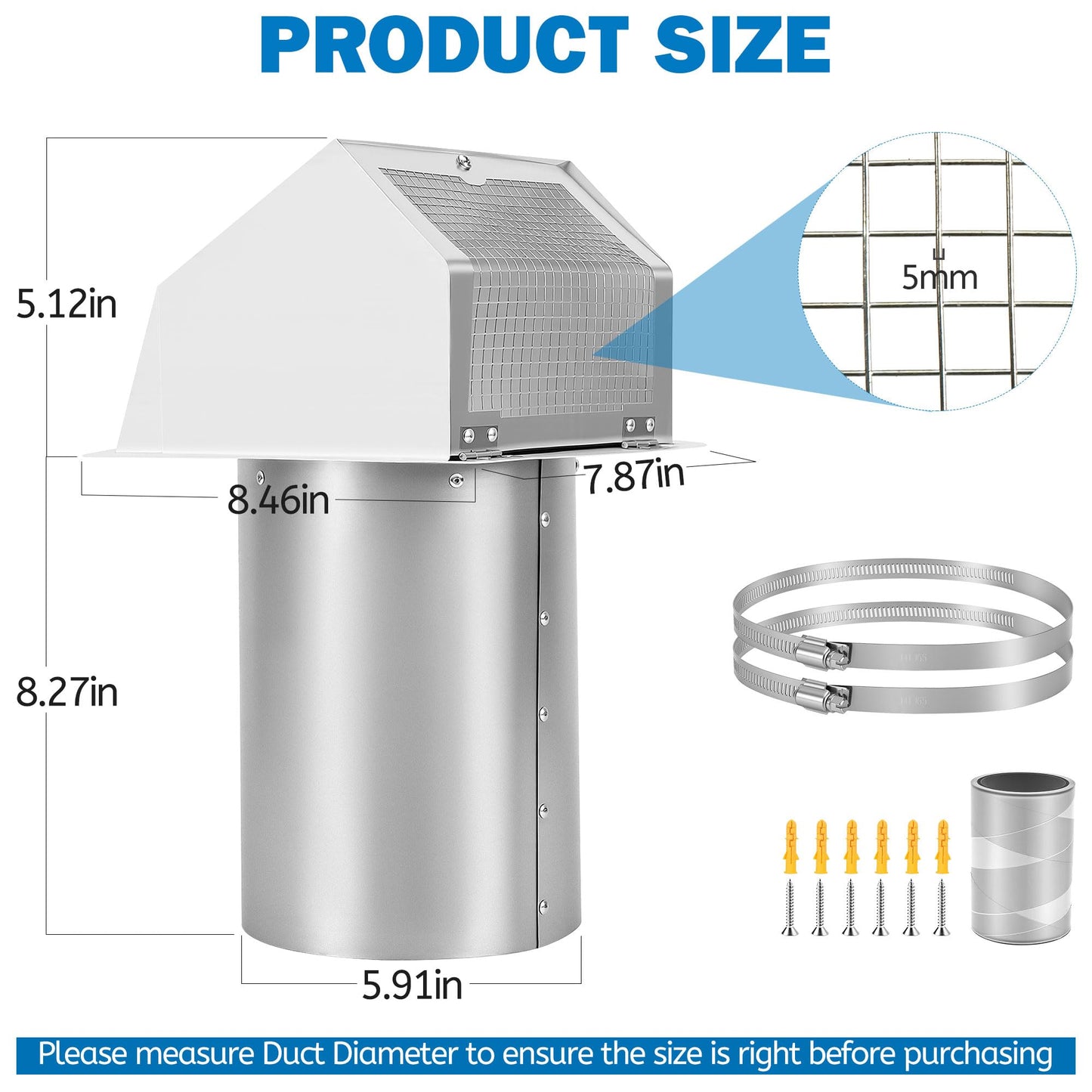 Fuairmee 6 Inch Hooded Wall Vent with Screen and Damper, Outdoor Wall Exhaust Vent Cover for Kitchen Range Air Exhaust Hood Dryer Ventilation Outside No Noise, Galvanized Steel, White