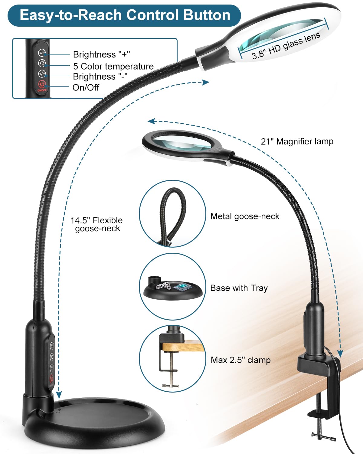 12X Magnifying Glass with Light and Stand, Real Glass, LED 5 Color Modes, Brightness Stepless Dimming Lighted Magnifier Hands Free with Flexible Gooseneck Desk Clamp Lamp for Close Work, Craft, Hobby