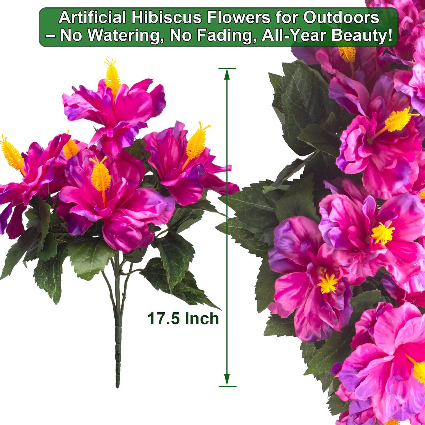Grunyia Artificial Hibiscus Flowers for Outdoors, Silk Tropical Flowers, UV Resistant Faux Plants, 5 Bundles for Planter Patio Porch Garden (Fuchsia)