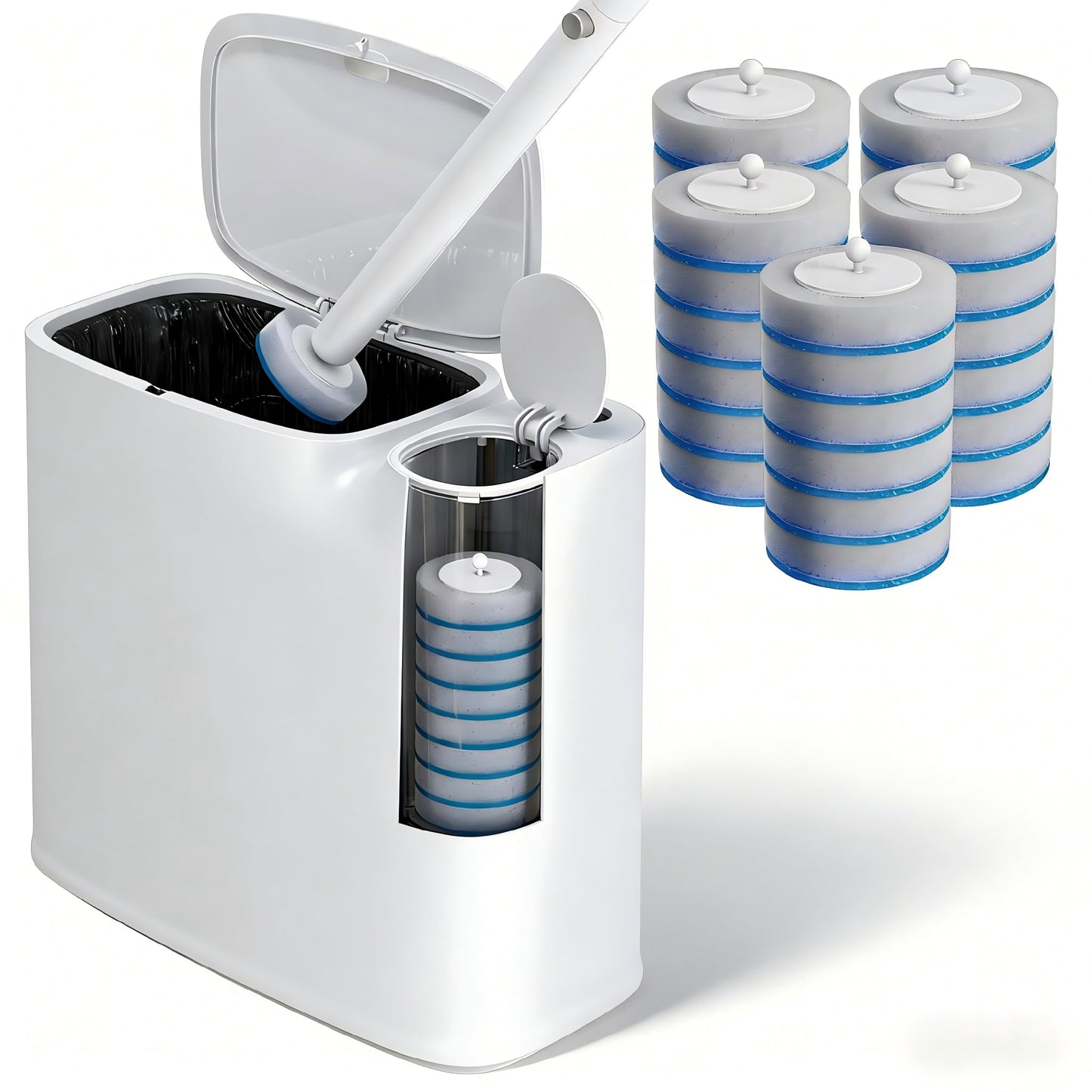POPMOP White Plastic Mini Trash Can, Toilet Cleaner Stick, Toilet Brush Holder, 36 Refills, 2-Gallon Trash Can with Pop-Out Lid, Suitable for Bathrooms and Small Toilets.