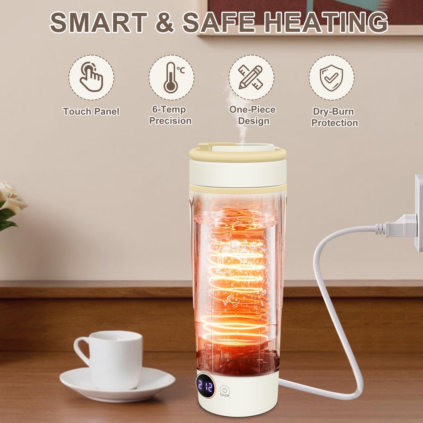 Portable Electric Kettle, 600ML Mini Hot Water Boiler Heater, Travel Kettle with 6 Temperature Settings, 304 Stainless Steel Portable Bottle Warmer with Auto Shut-Off & Boil-Dry Protection
