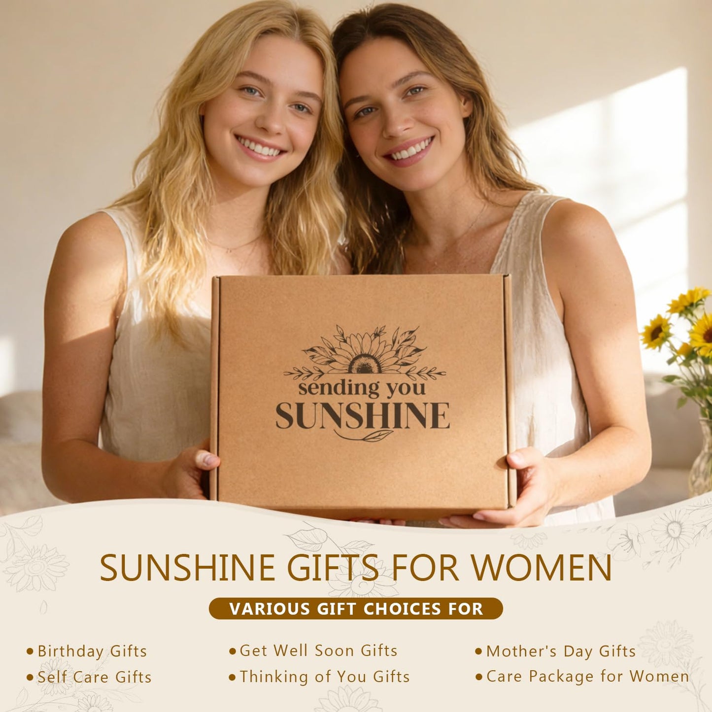 Sunshine Gift Box for Women - Sunflower Gifts for Best Friends Box of Sunshine - Thinking of You Self Care Get Well Soon Gift Baskets for Women - Care Package Birthday Gifts Boxes for Woman, Mom, Girl